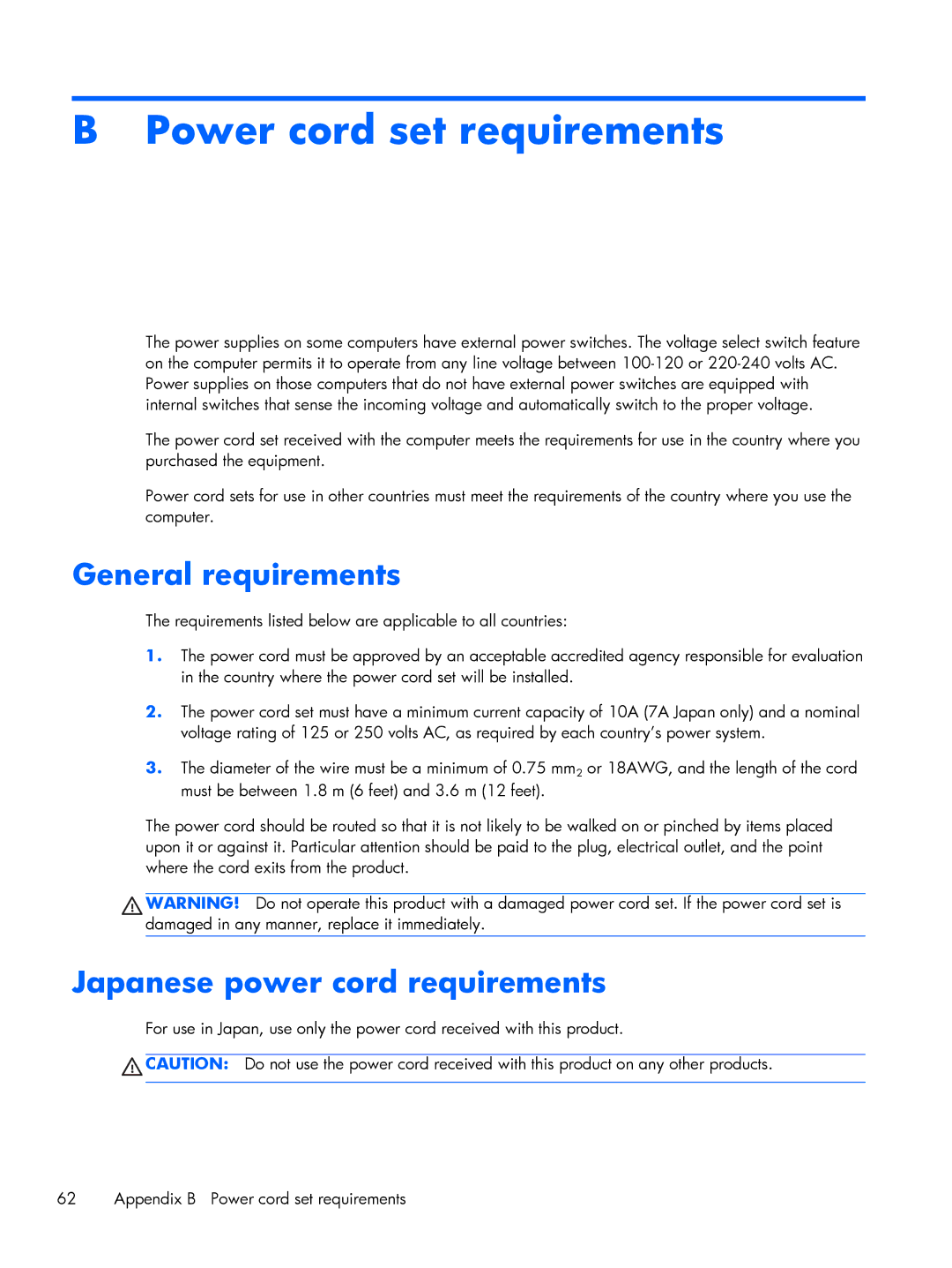 HP 200 G1 manual Power cord set requirements, General requirements, Japanese power cord requirements 