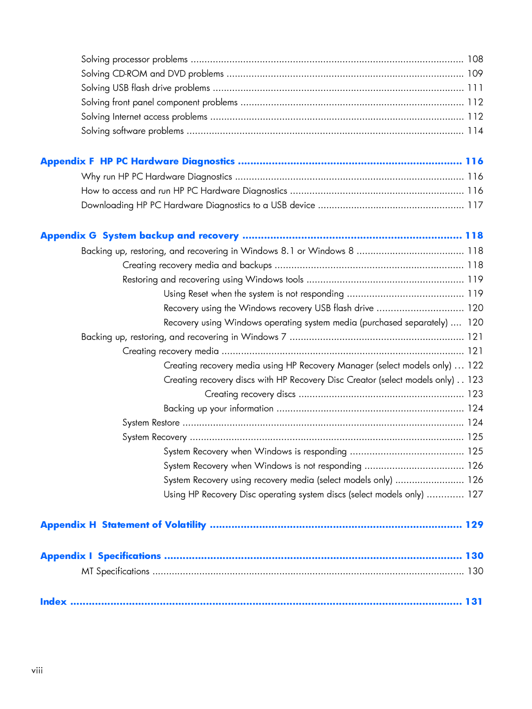 HP 200 G1 manual Appendix H Statement of Volatility 129 Specifications 130 