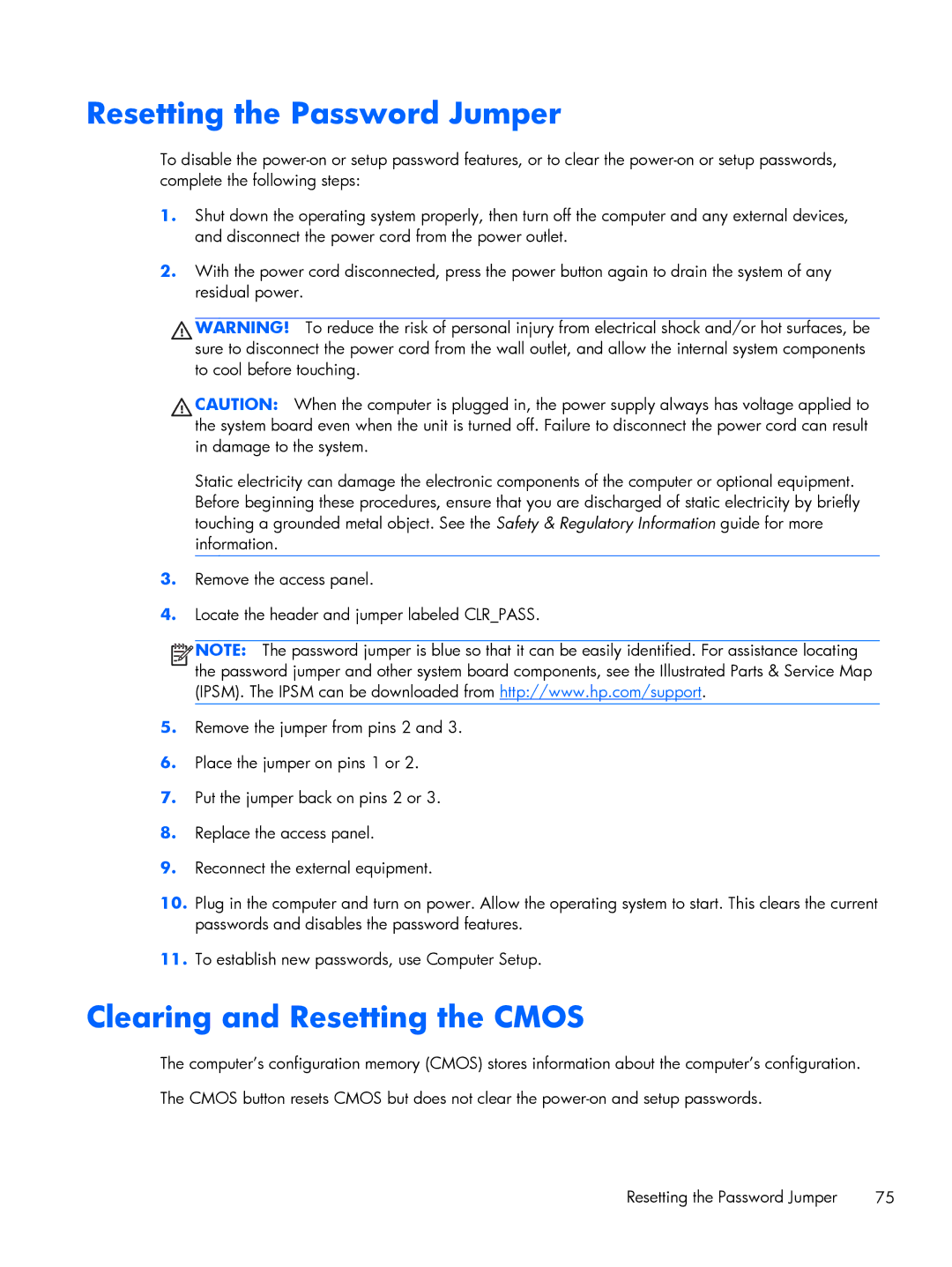 HP 200 G1 manual Resetting the Password Jumper, Clearing and Resetting the Cmos 