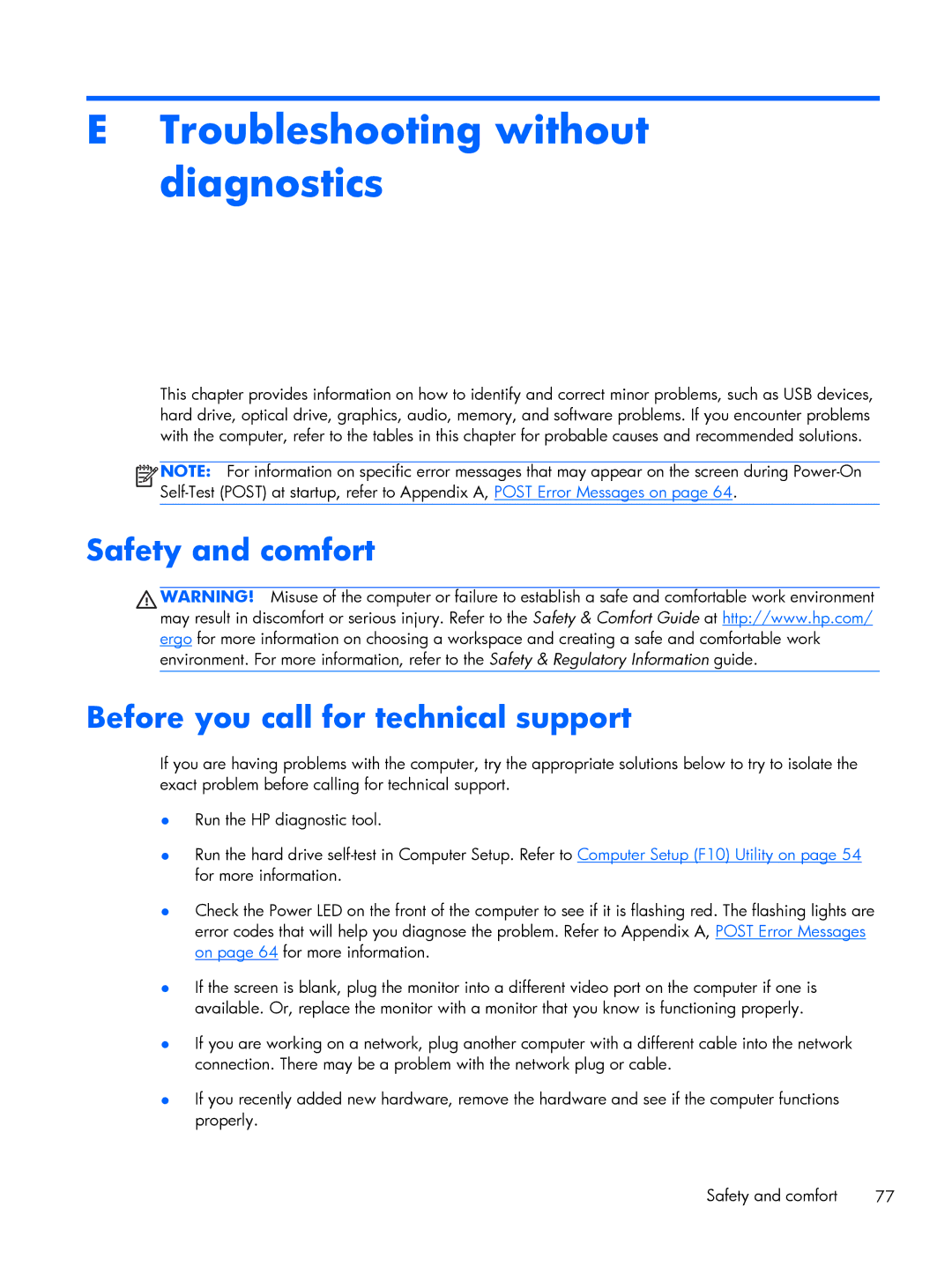 HP 200 G1 manual Troubleshooting without diagnostics, Safety and comfort Before you call for technical support 