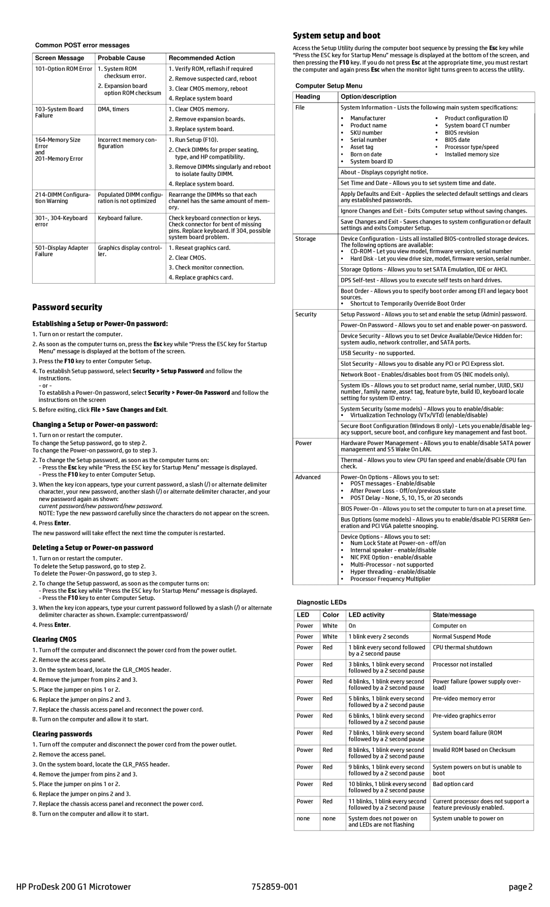HP 200 G1 manual Password security, System setup and boot 