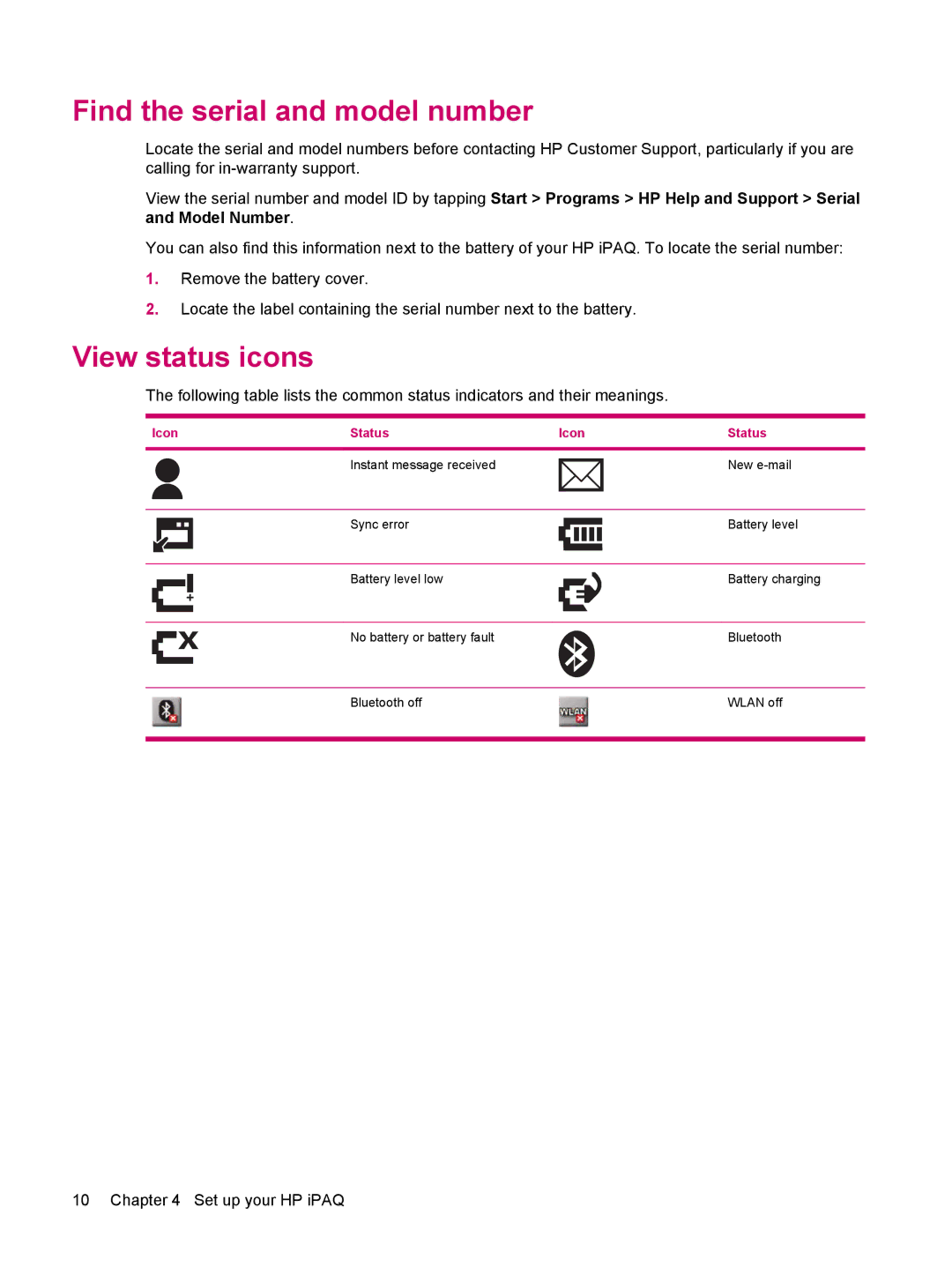 HP 200 manual Find the serial and model number, View status icons 