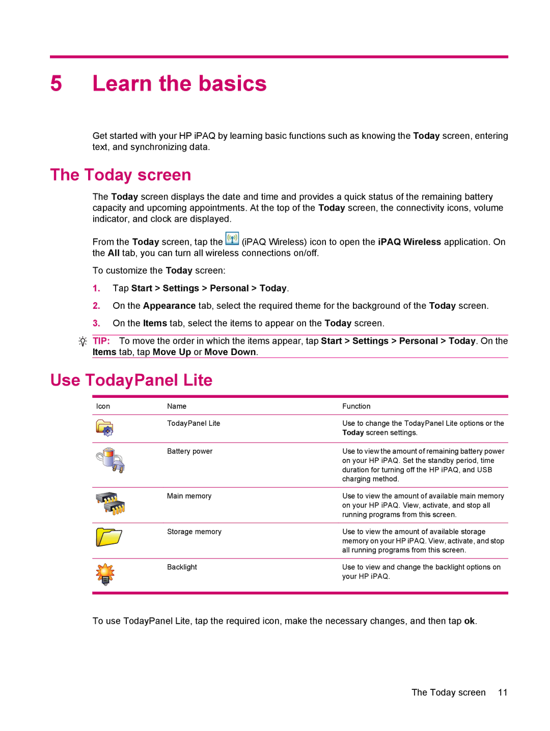 HP 200 manual Learn the basics, Today screen, Use TodayPanel Lite, Tap Start Settings Personal Today 