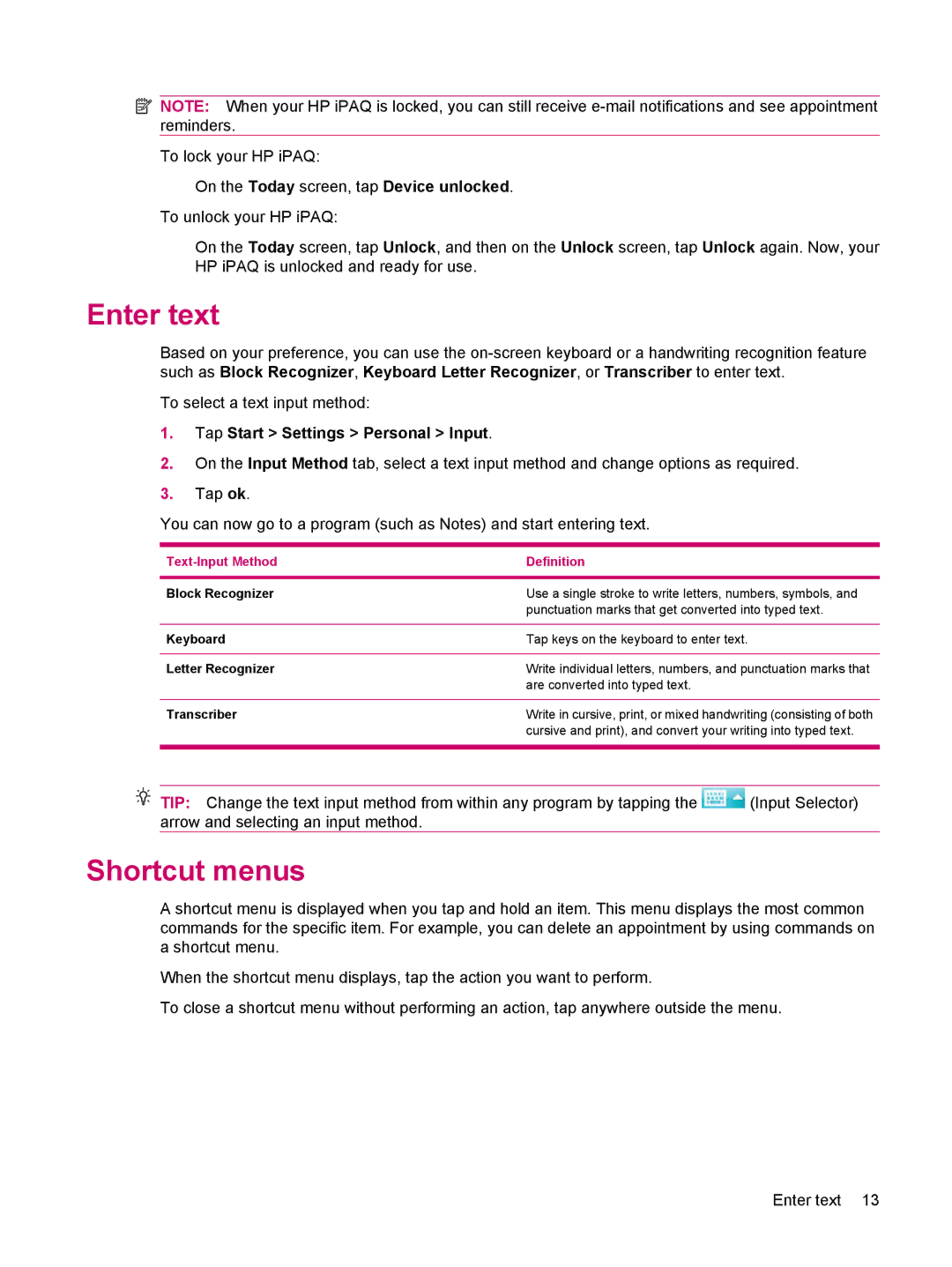 HP 200 manual Enter text, Shortcut menus, Tap Start Settings Personal Input 