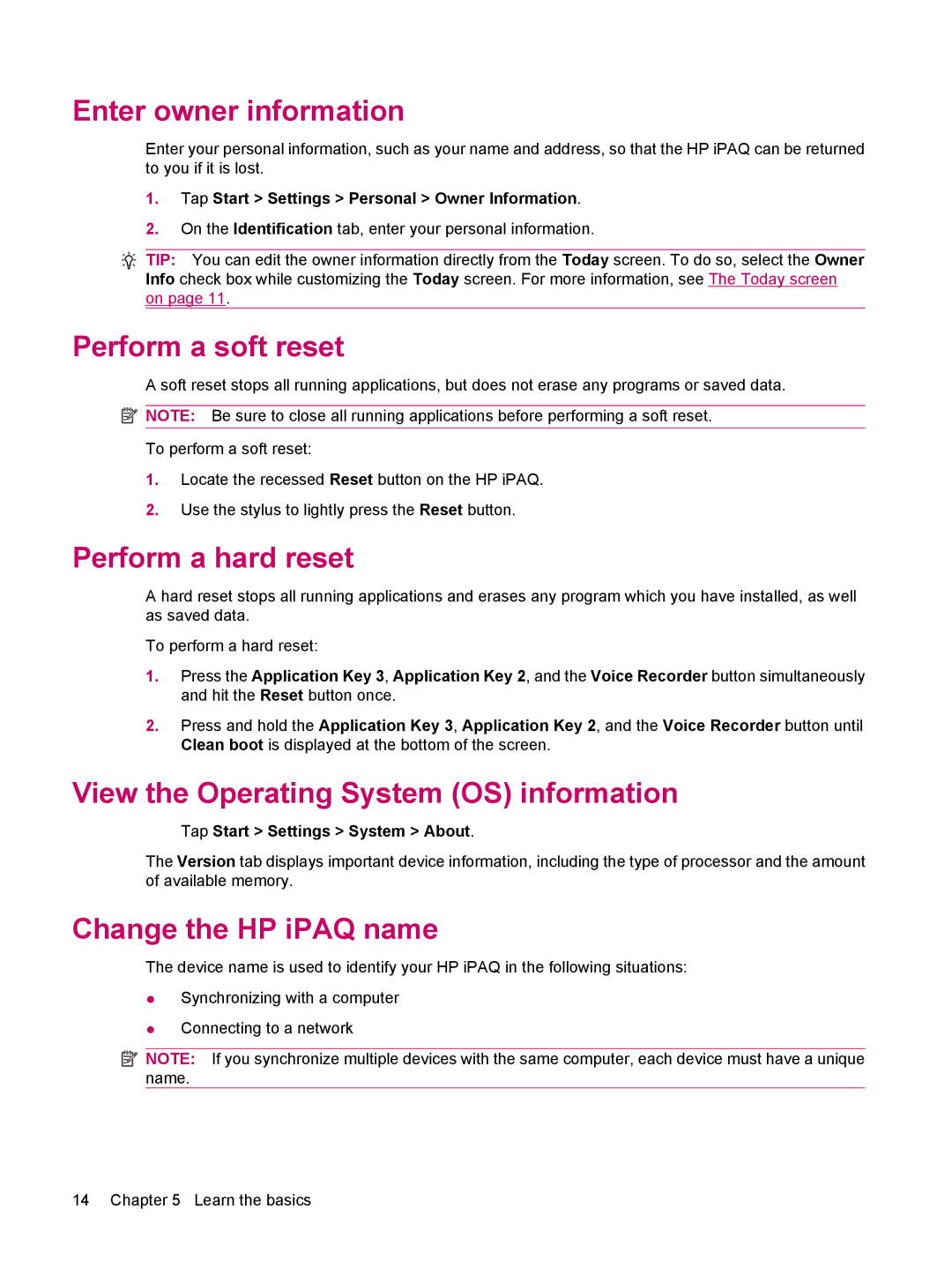 HP 200 manual Enter owner information, Perform a soft reset, Perform a hard reset, View the Operating System OS information 