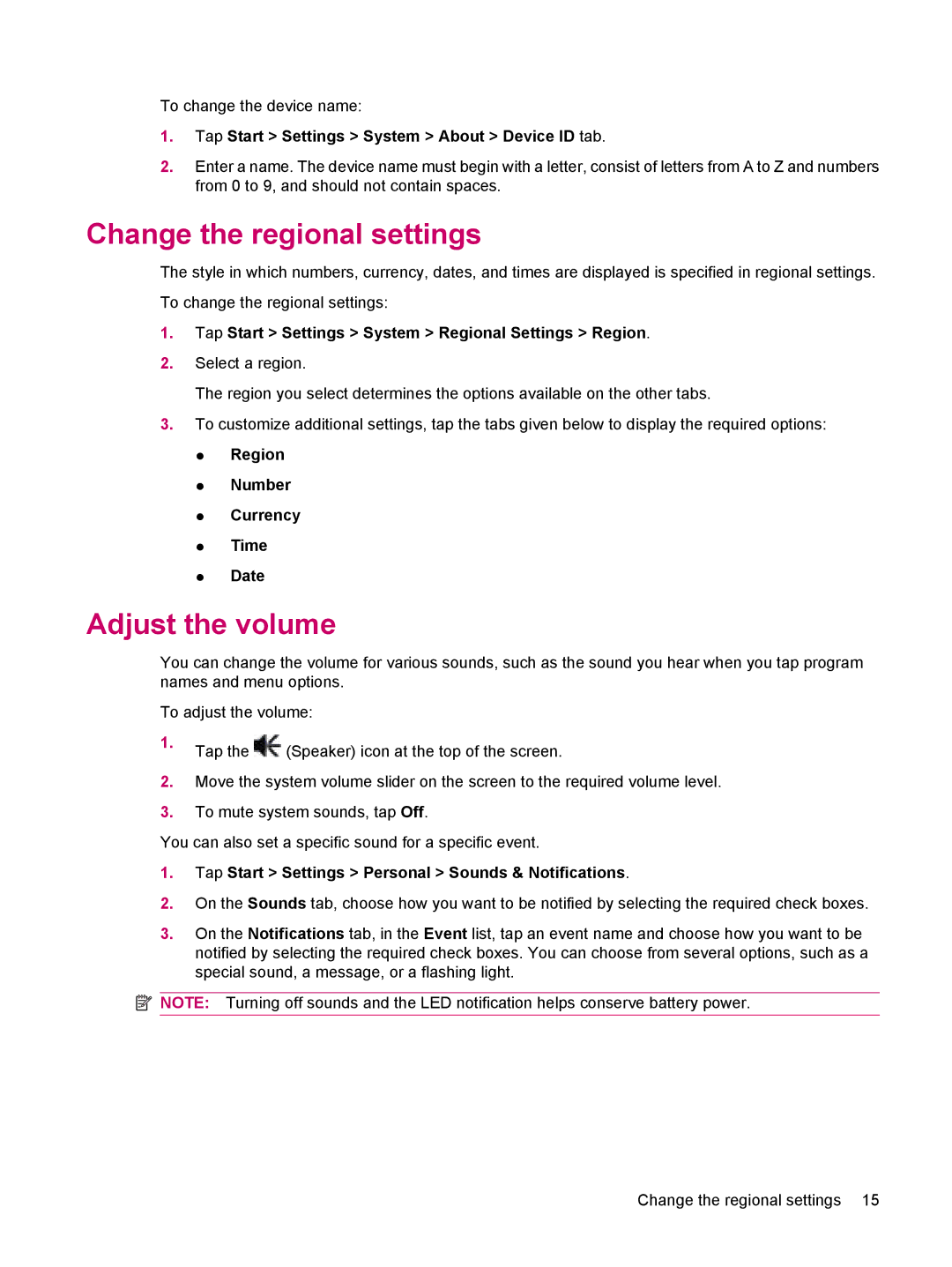 HP 200 manual Change the regional settings, Adjust the volume 