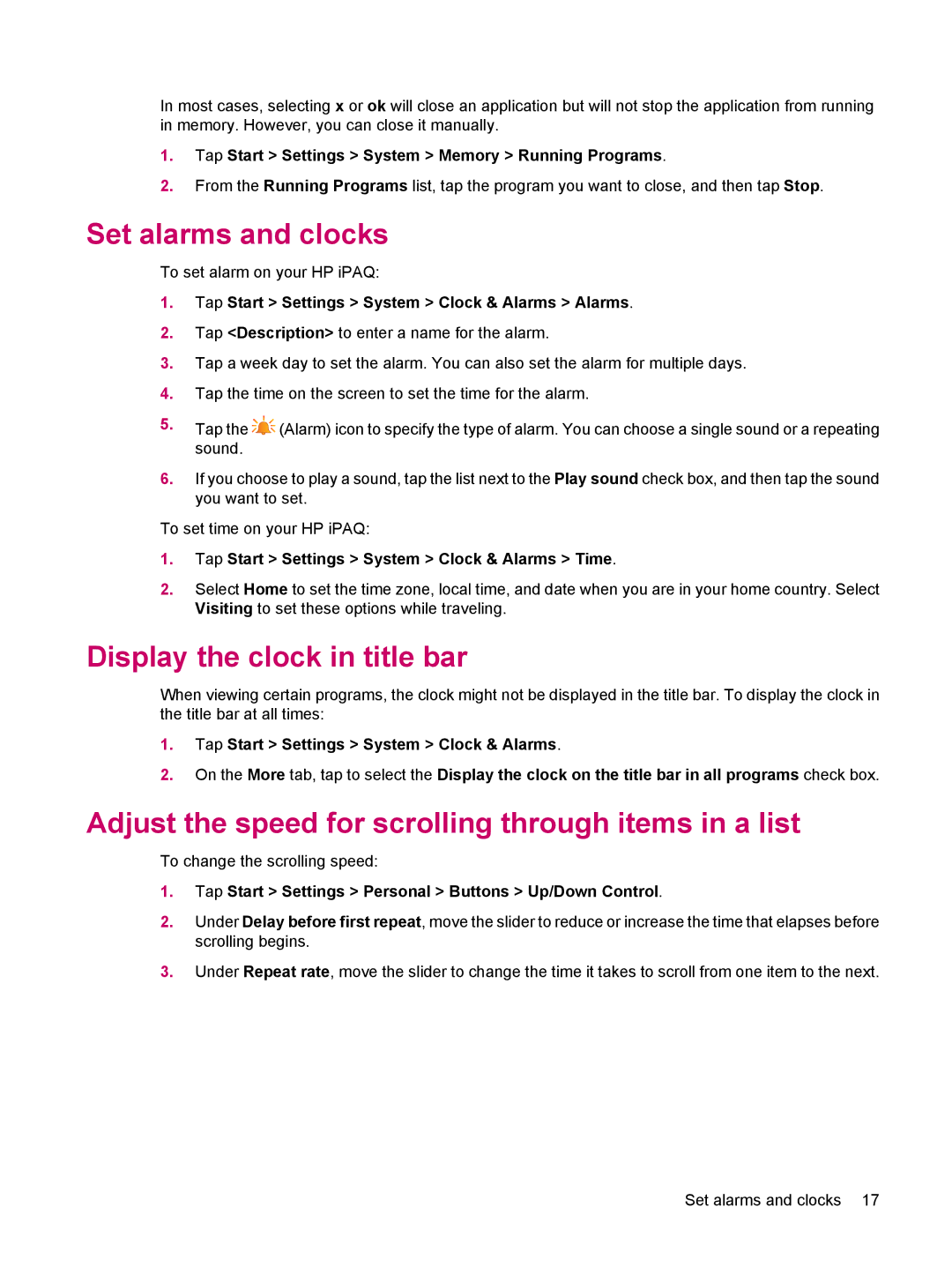 HP 200 manual Set alarms and clocks, Display the clock in title bar, Adjust the speed for scrolling through items in a list 