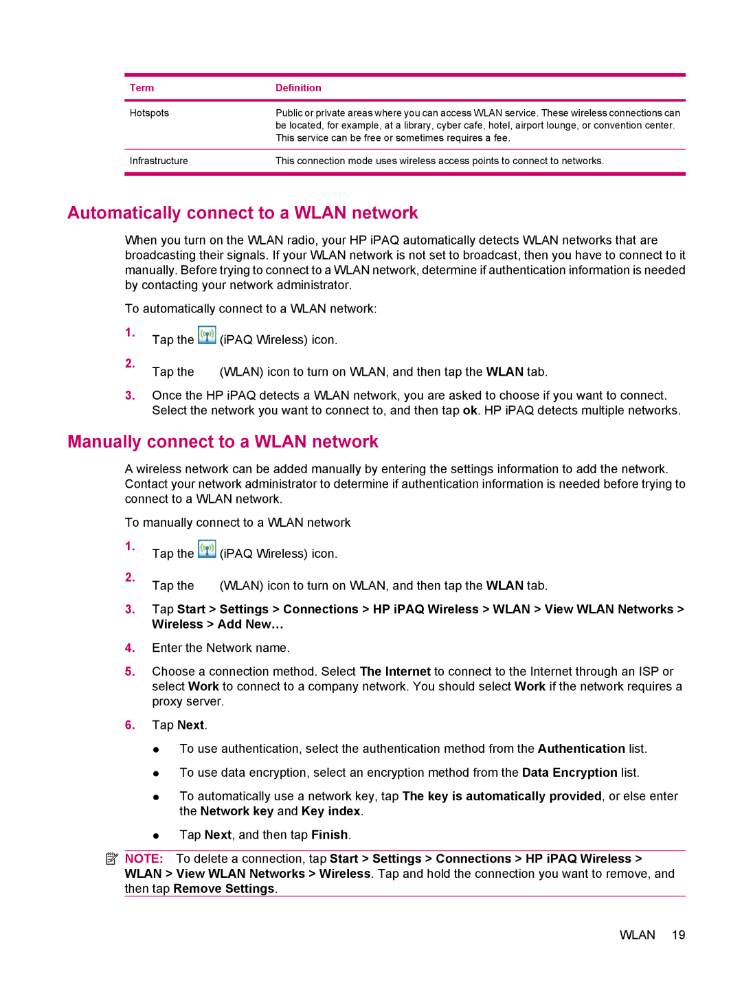 HP 200 manual Automatically connect to a Wlan network, Manually connect to a Wlan network 