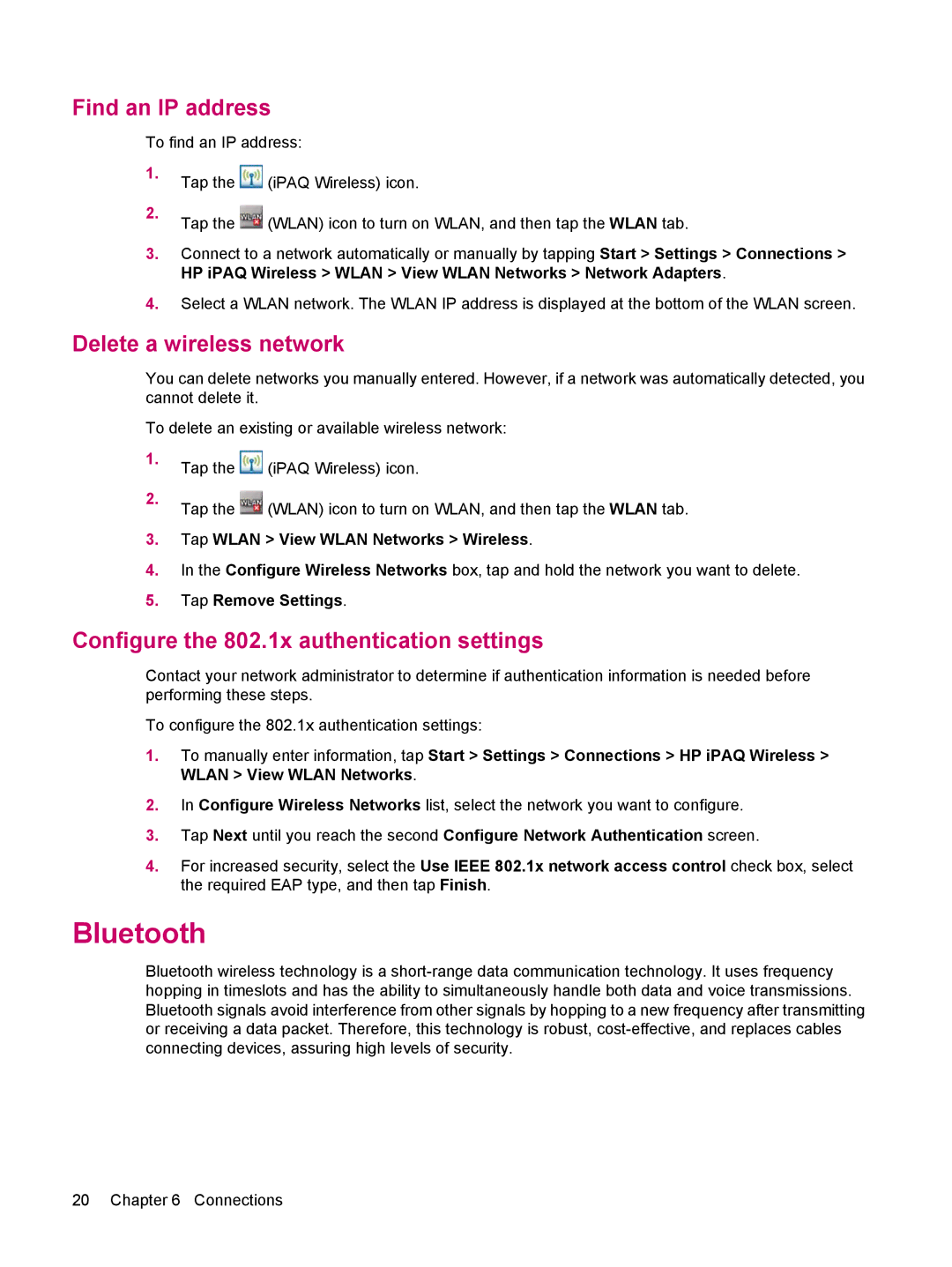 HP 200 manual Bluetooth, Find an IP address, Delete a wireless network, Configure the 802.1x authentication settings 