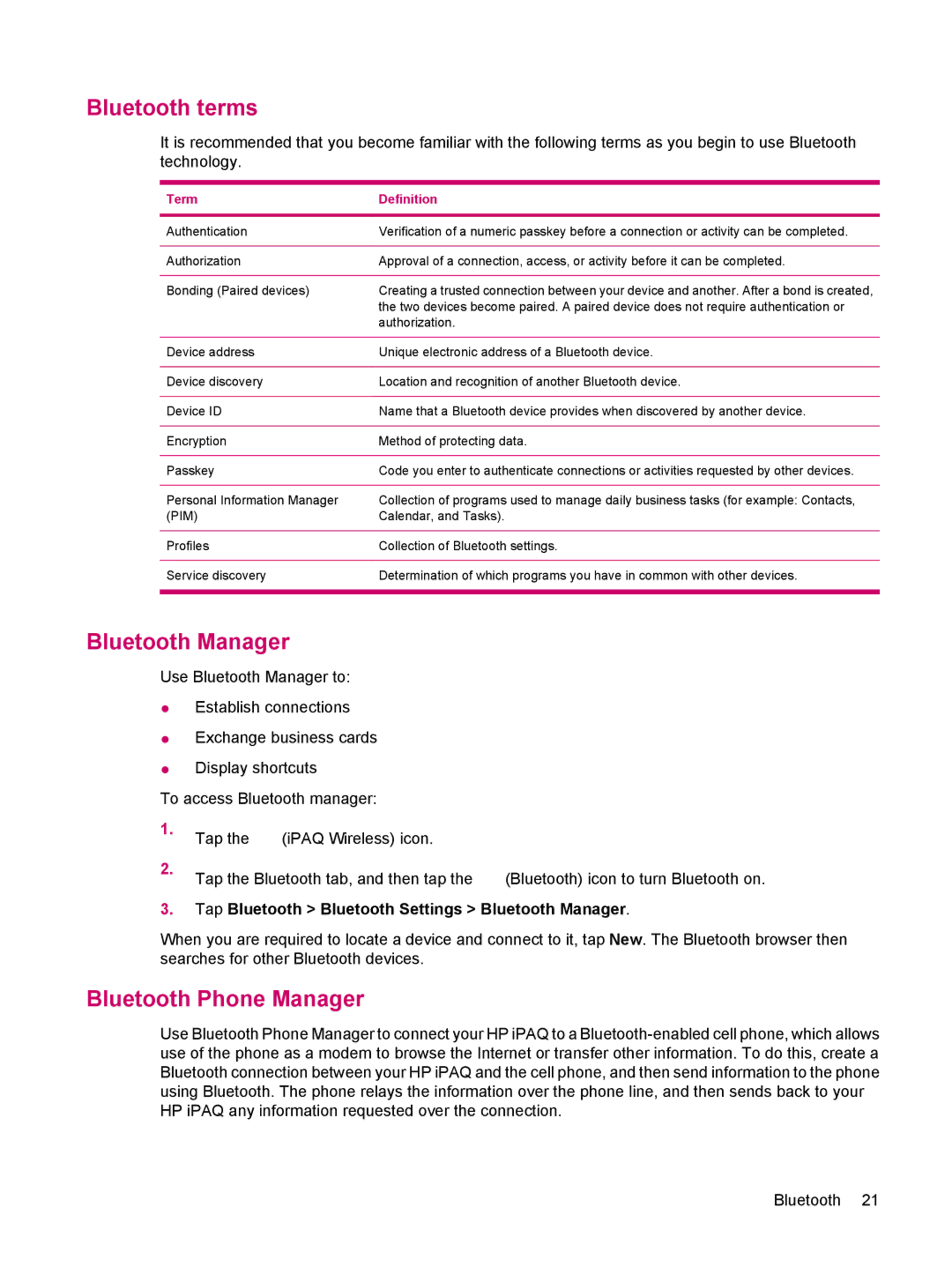 HP 200 manual Bluetooth terms, Bluetooth Phone Manager, Tap Bluetooth Bluetooth Settings Bluetooth Manager 
