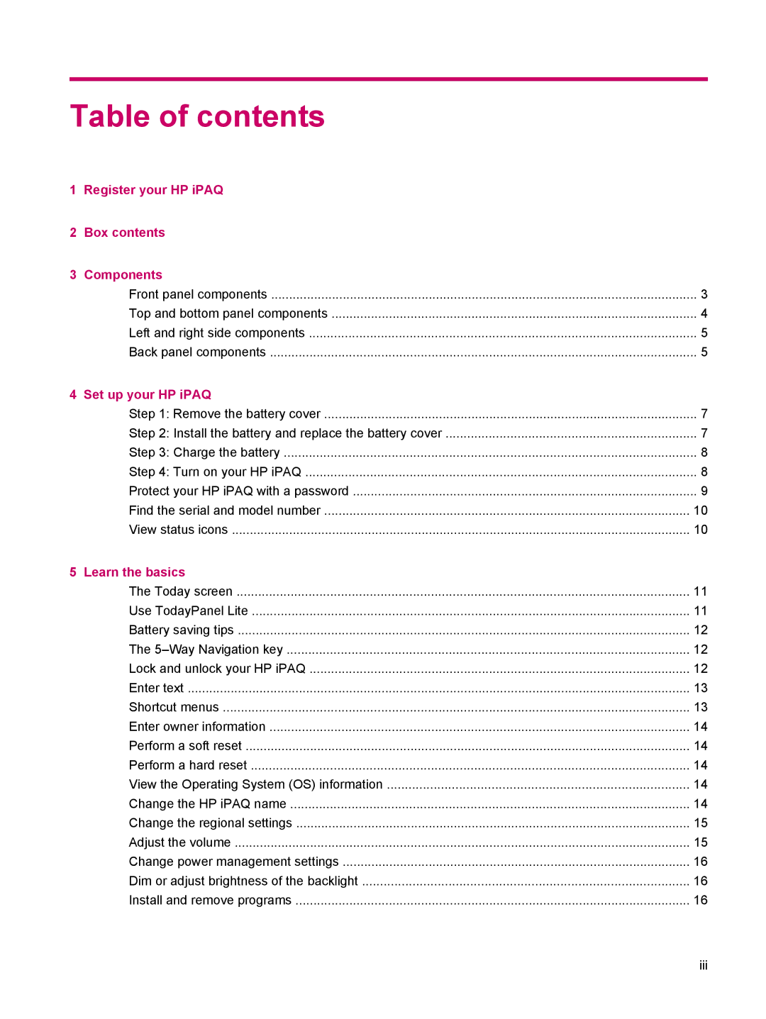 HP 200 manual Table of contents 