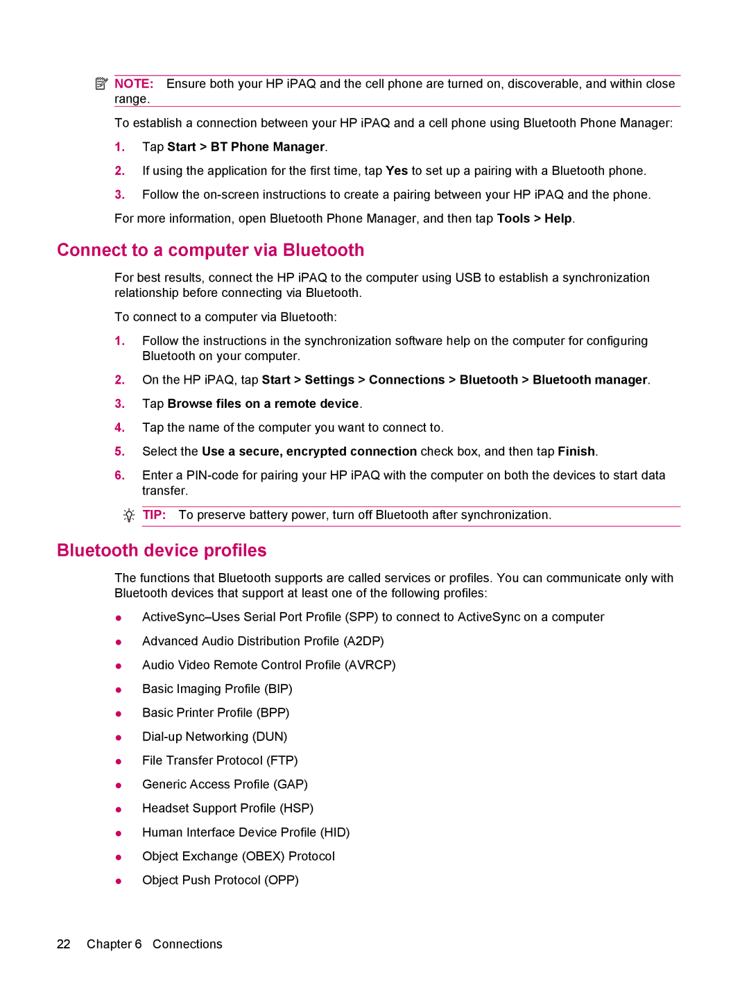 HP 200 manual Connect to a computer via Bluetooth, Bluetooth device profiles, Tap Start BT Phone Manager 