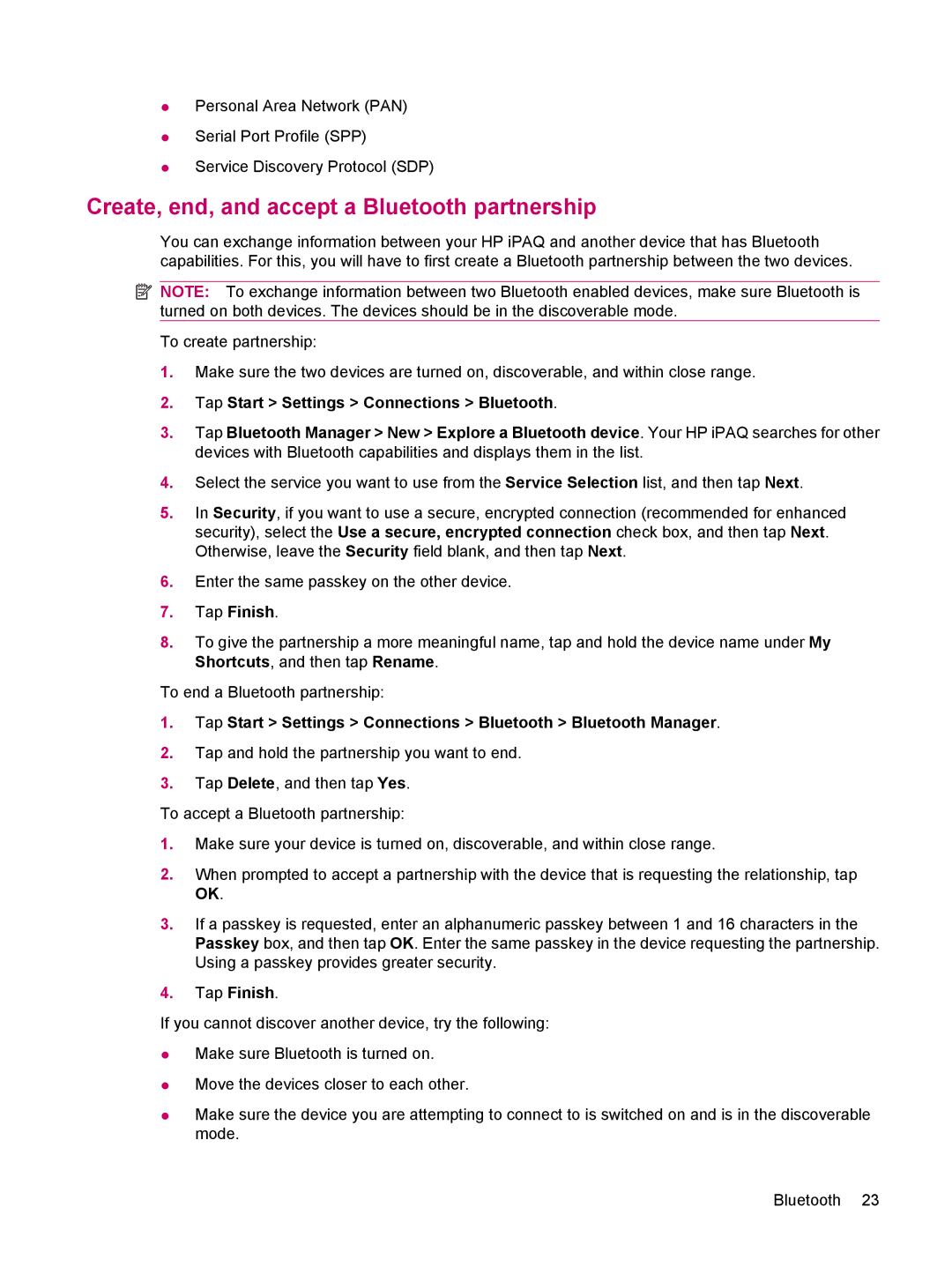 HP 200 manual Create, end, and accept a Bluetooth partnership, Tap Finish 