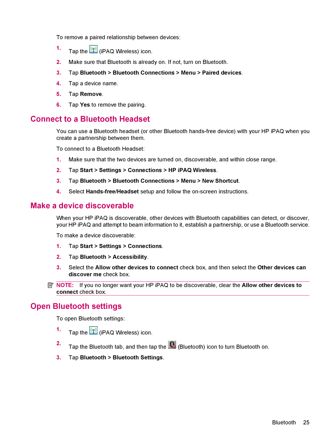 HP 200 manual Connect to a Bluetooth Headset, Make a device discoverable, Open Bluetooth settings, Tap Remove 