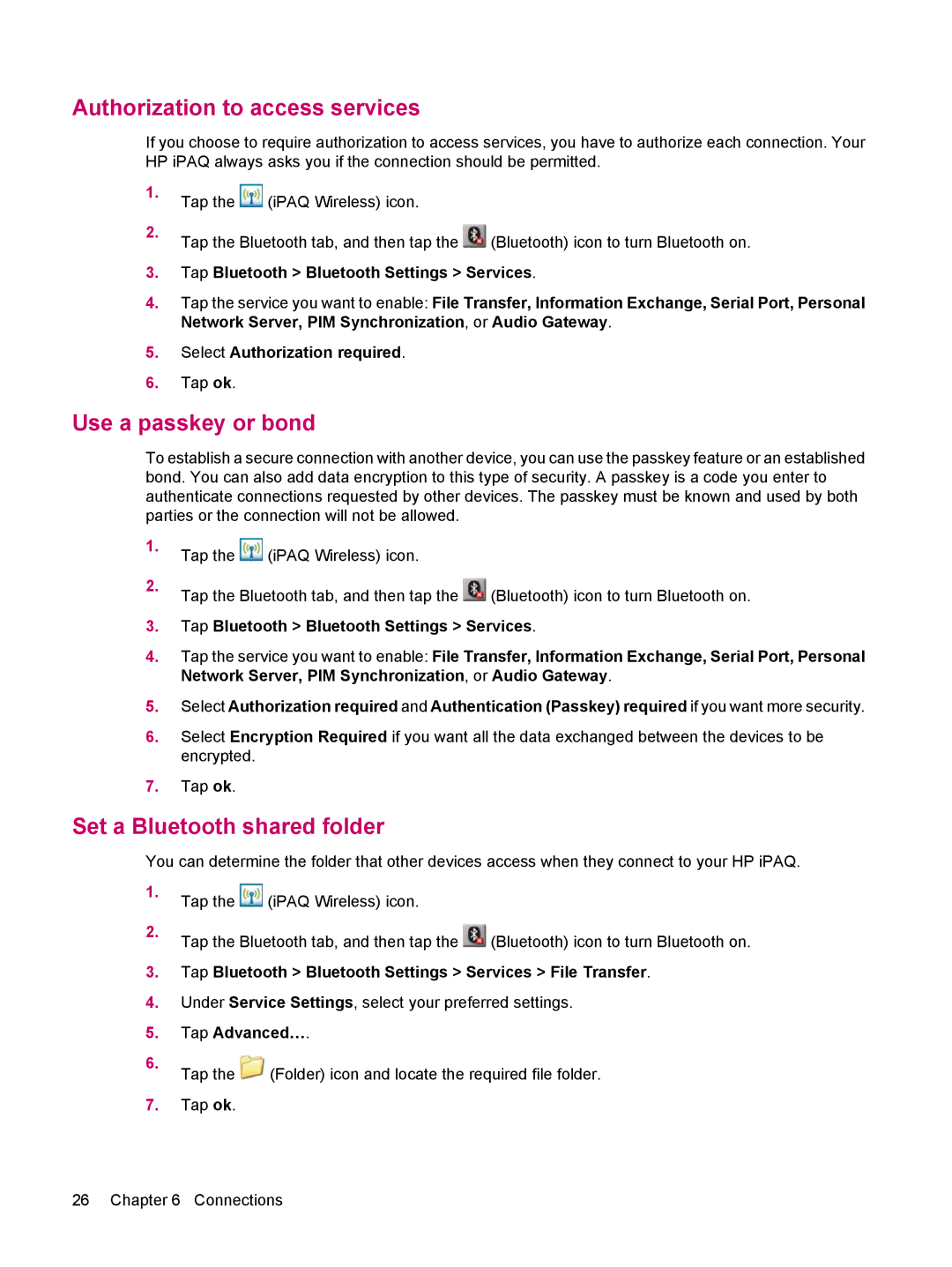 HP 200 manual Authorization to access services, Use a passkey or bond, Set a Bluetooth shared folder, Tap Advanced… 