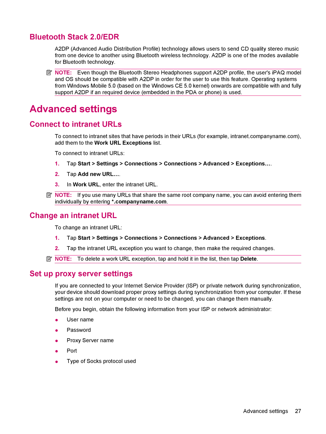 HP 200 manual Advanced settings, Bluetooth Stack 2.0/EDR, Connect to intranet URLs, Change an intranet URL 