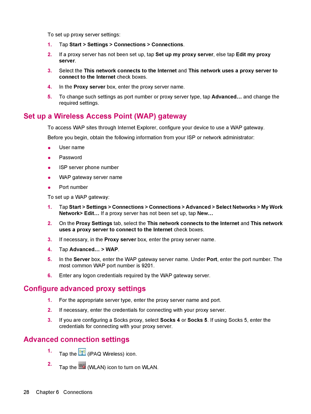 HP 200 manual Set up a Wireless Access Point WAP gateway, Configure advanced proxy settings, Advanced connection settings 