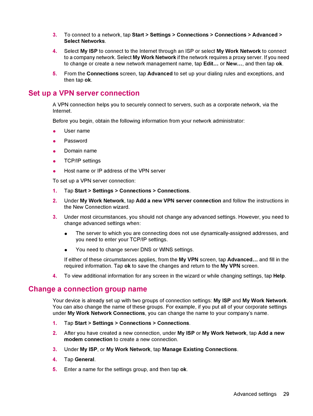 HP 200 manual Set up a VPN server connection, Change a connection group name 