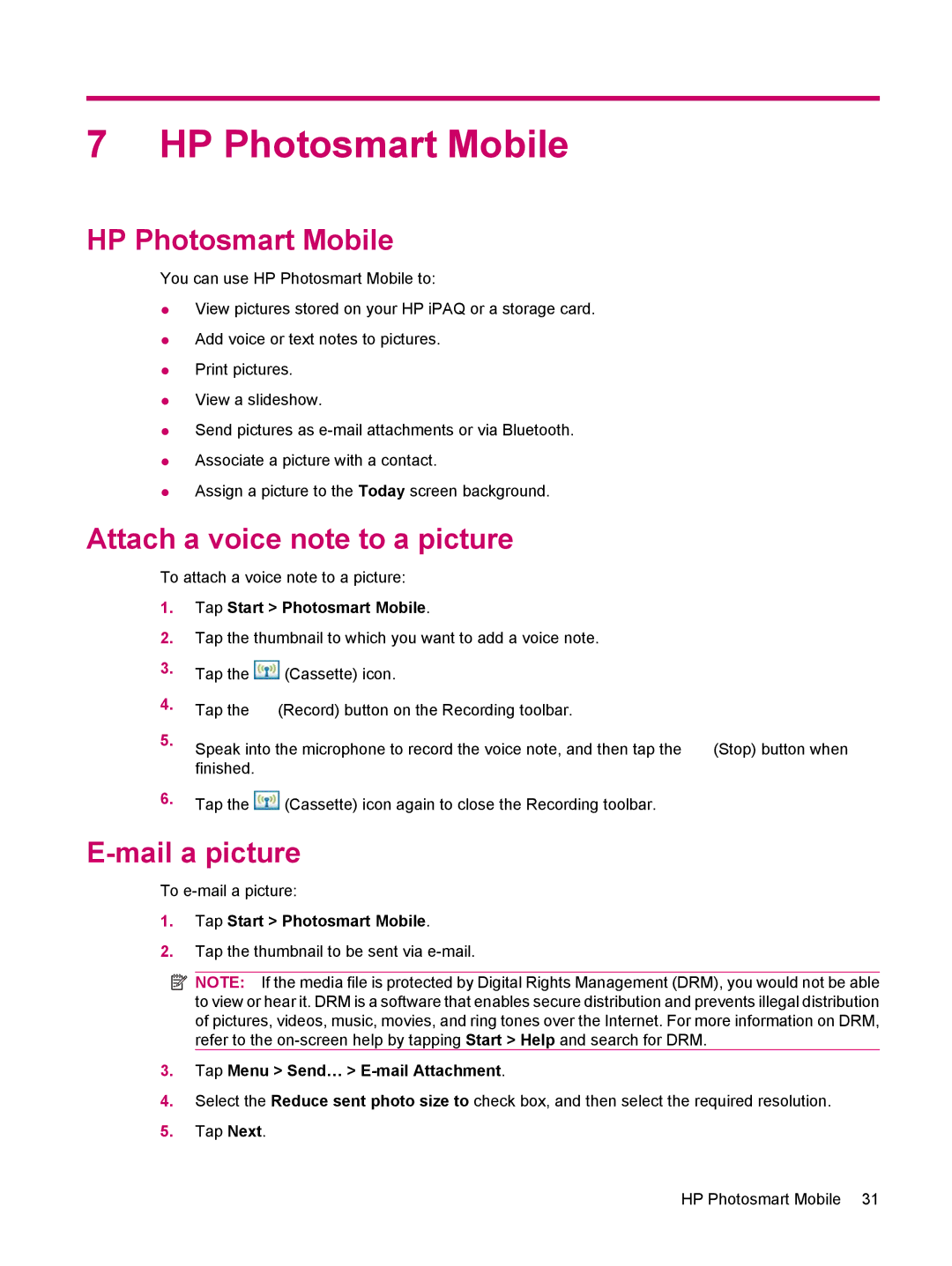 HP 200 manual HP Photosmart Mobile, Attach a voice note to a picture, Mail a picture 