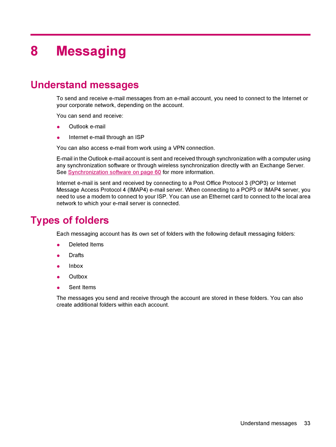 HP 200 manual Messaging, Understand messages, Types of folders 