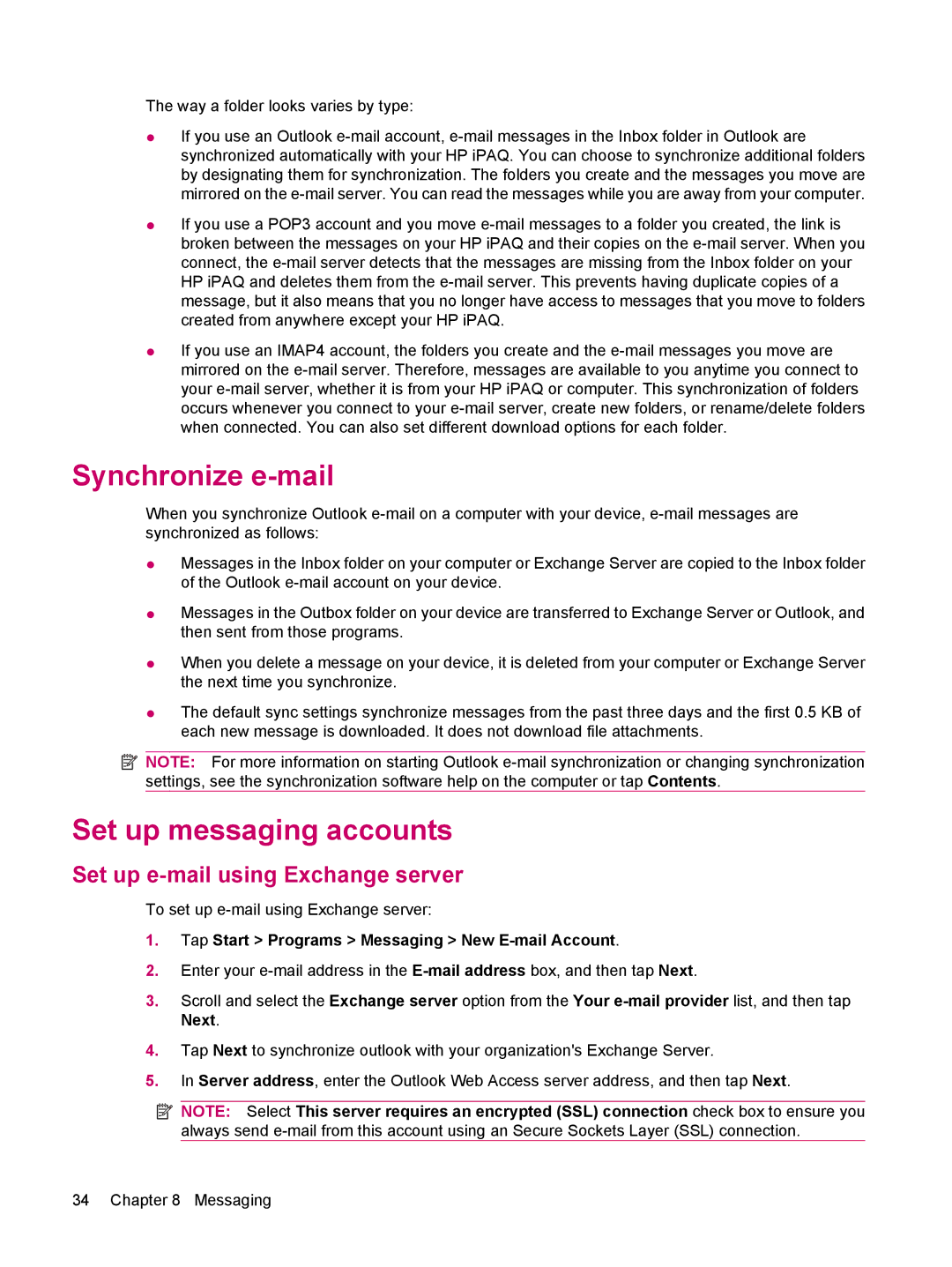 HP 200 manual Synchronize e-mail, Set up messaging accounts, Set up e-mail using Exchange server 