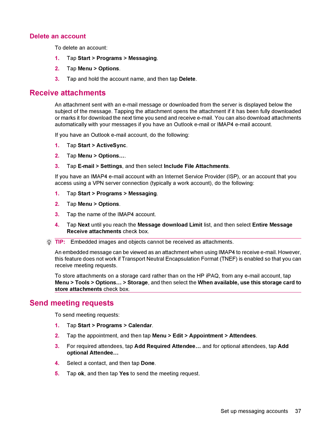 HP 200 manual Receive attachments, Send meeting requests, Tap Start Programs Messaging Tap Menu Options 