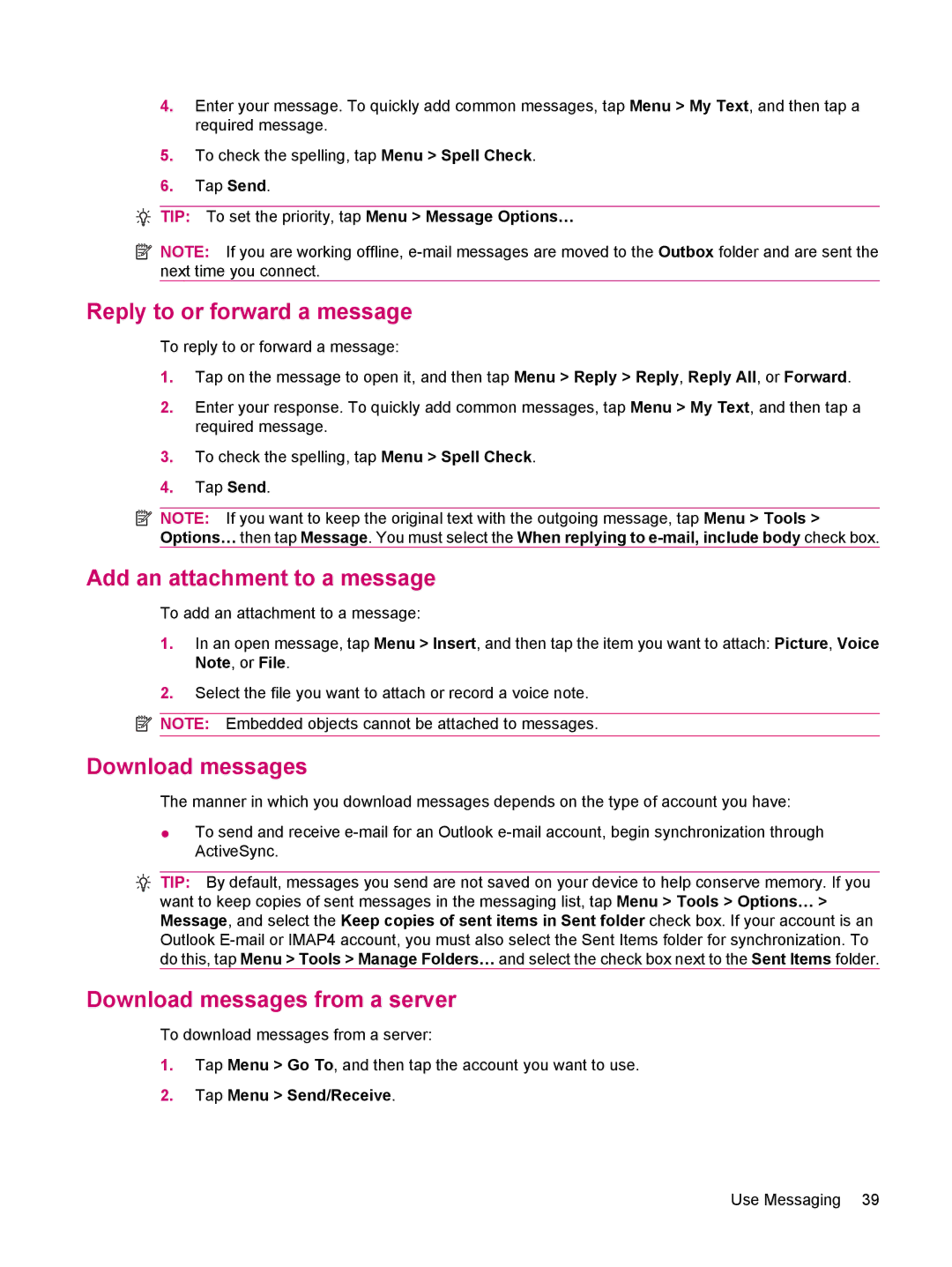 HP 200 manual Reply to or forward a message, Add an attachment to a message, Download messages from a server 