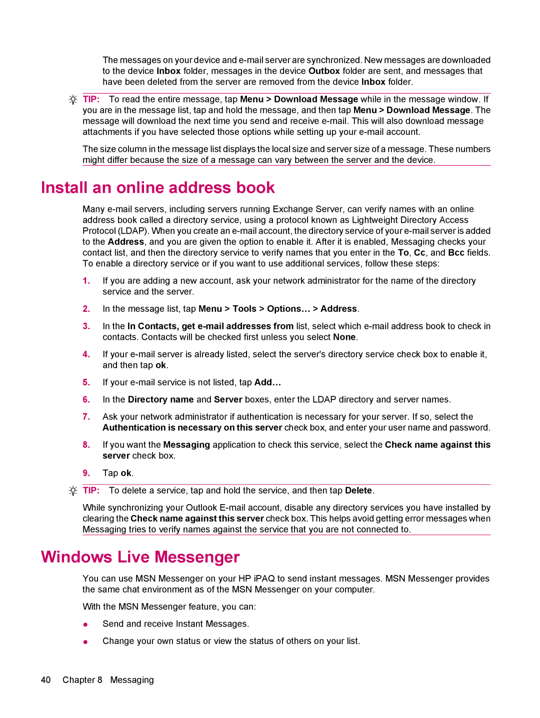 HP 200 manual Install an online address book, Windows Live Messenger, Message list, tap Menu Tools Options… Address 