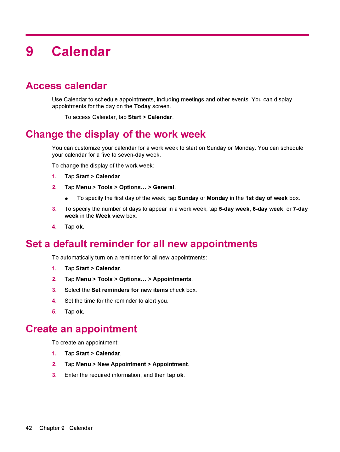 HP 200 Calendar, Access calendar, Change the display of the work week, Set a default reminder for all new appointments 