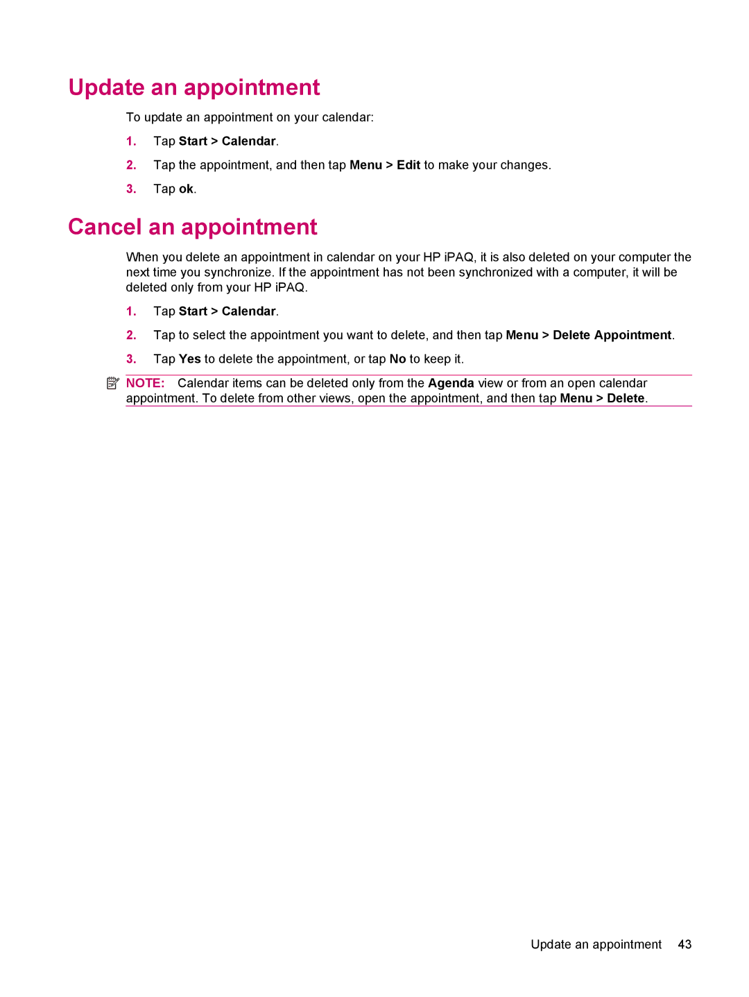 HP 200 manual Update an appointment, Cancel an appointment, Tap Start Calendar 
