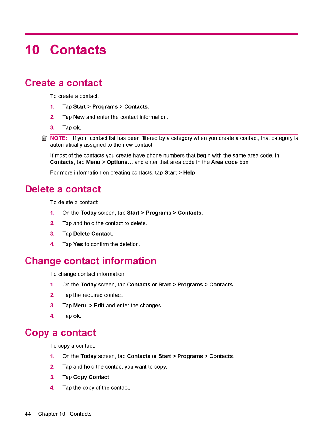 HP 200 manual Contacts, Create a contact, Delete a contact, Change contact information, Copy a contact 