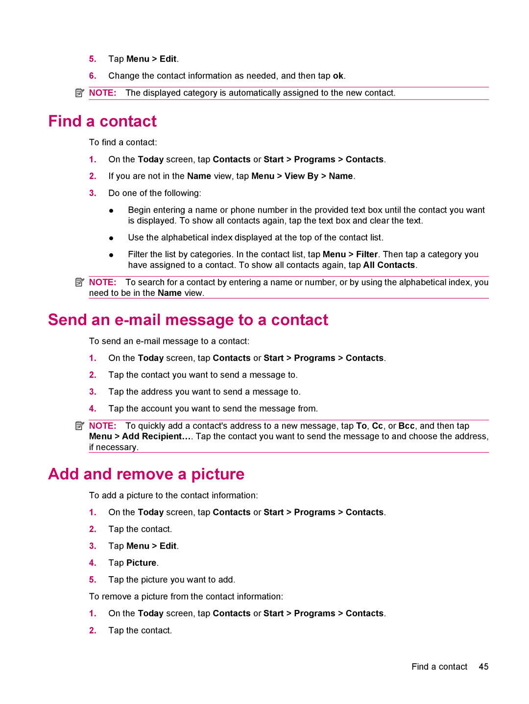 HP 200 manual Find a contact, Send an e-mail message to a contact, Add and remove a picture, Tap Menu Edit 