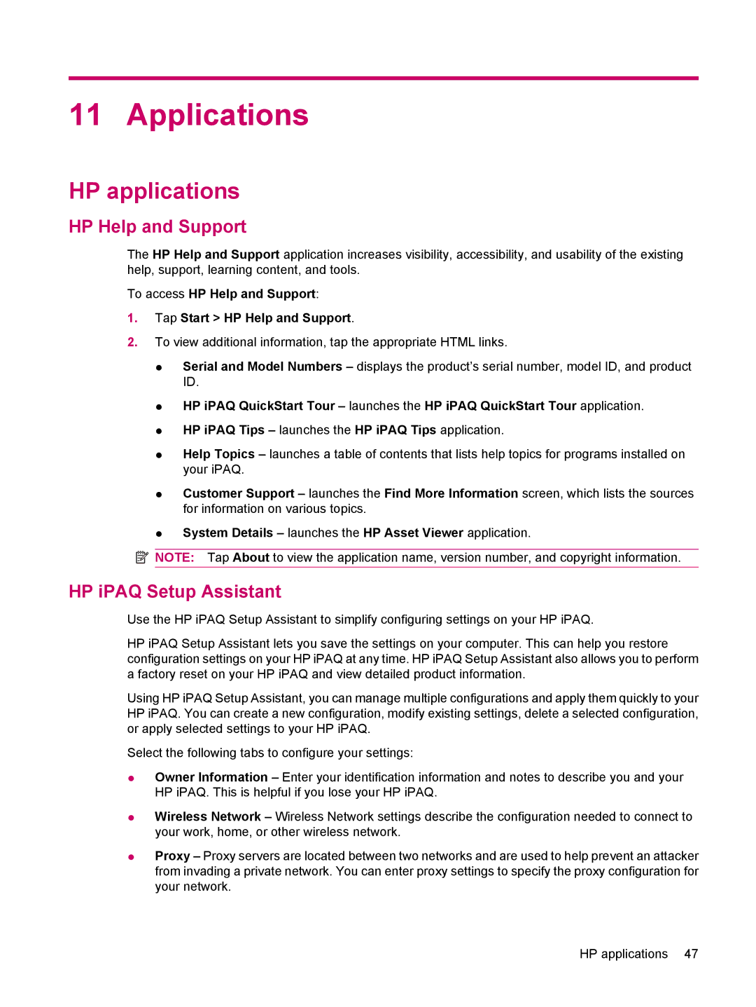 HP 200 manual Applications, HP applications, HP Help and Support, HP iPAQ Setup Assistant 