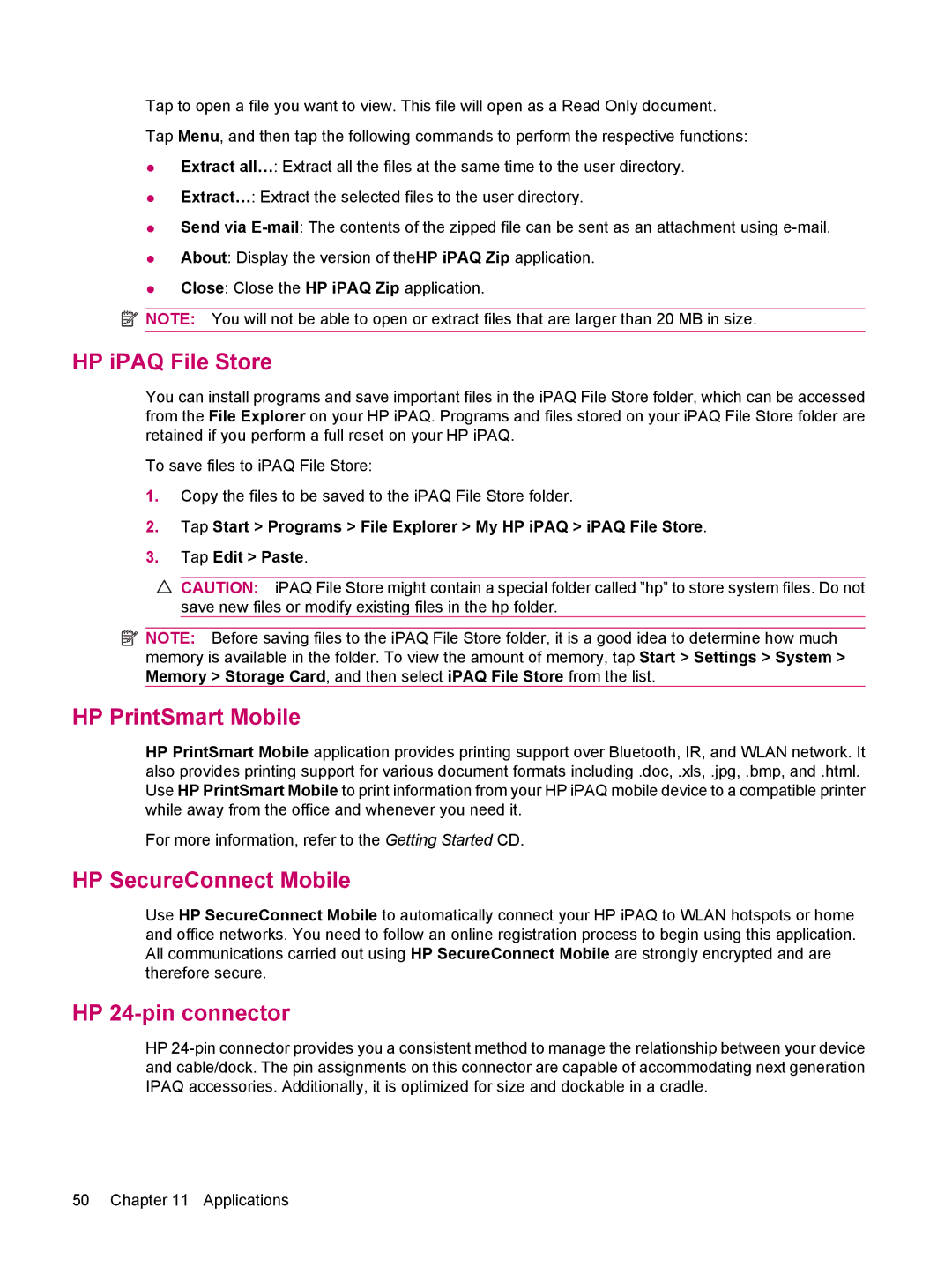 HP 200 manual HP iPAQ File Store, HP PrintSmart Mobile, HP SecureConnect Mobile, HP 24-pin connector 