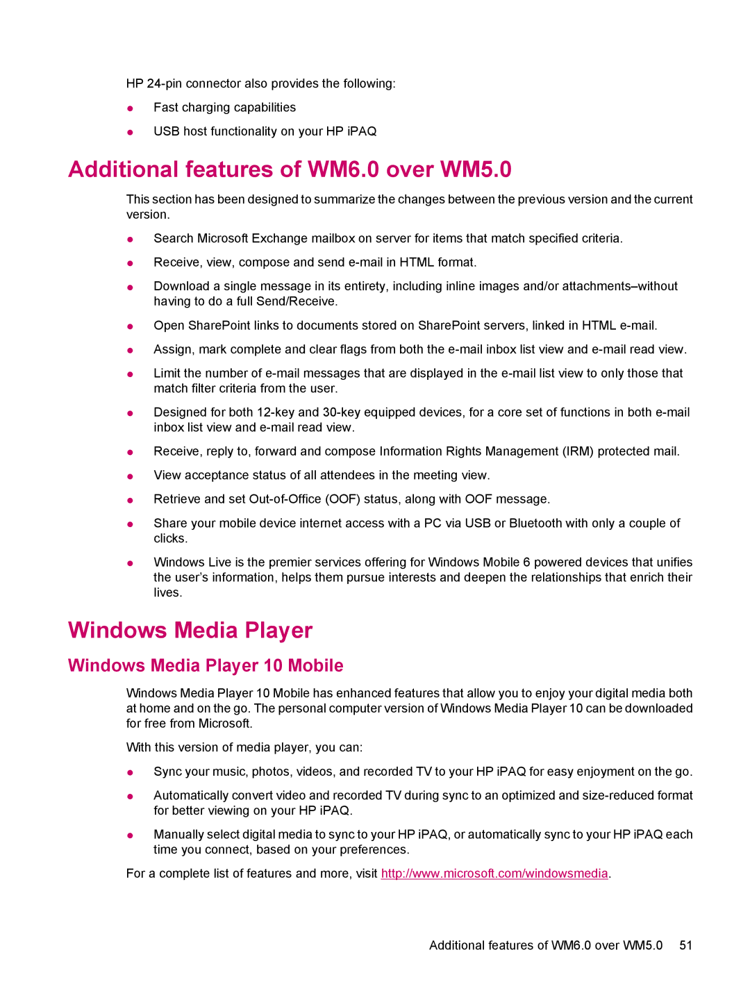 HP 200 manual Additional features of WM6.0 over WM5.0, Windows Media Player 10 Mobile 