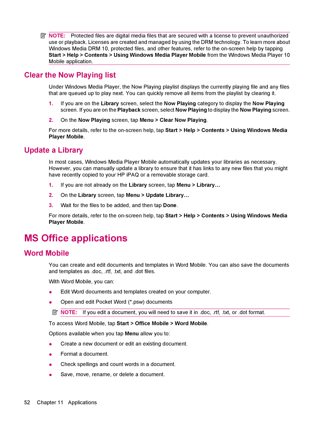 HP 200 manual MS Office applications, Clear the Now Playing list, Update a Library, Word Mobile 