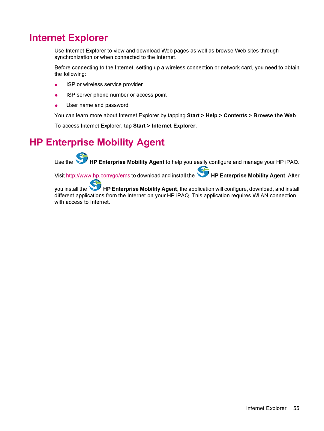 HP 200 manual Internet Explorer, HP Enterprise Mobility Agent 