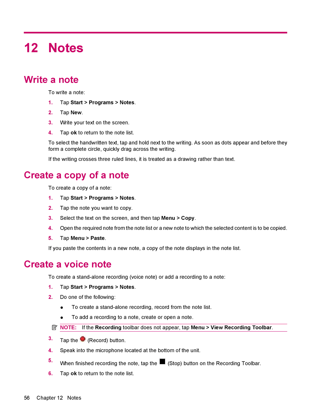 HP 200 manual Write a note, Create a copy of a note, Create a voice note, Tap Start Programs Notes, Tap Menu Paste 