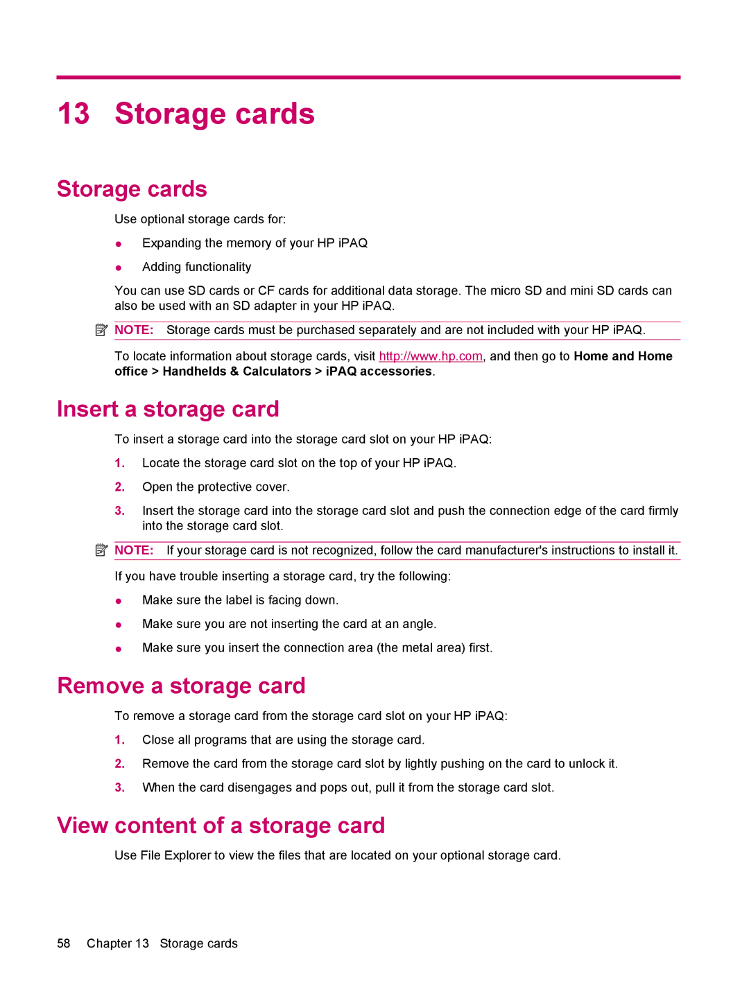 HP 200 manual Storage cards, Insert a storage card, Remove a storage card, View content of a storage card 