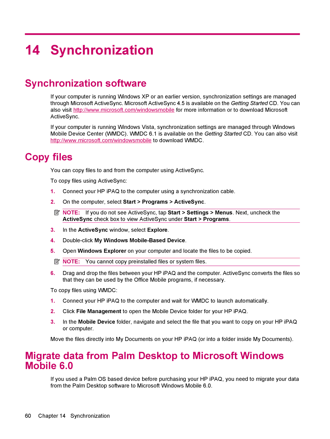 HP 200 manual Synchronization software Copy files, Migrate data from Palm Desktop to Microsoft Windows Mobile 