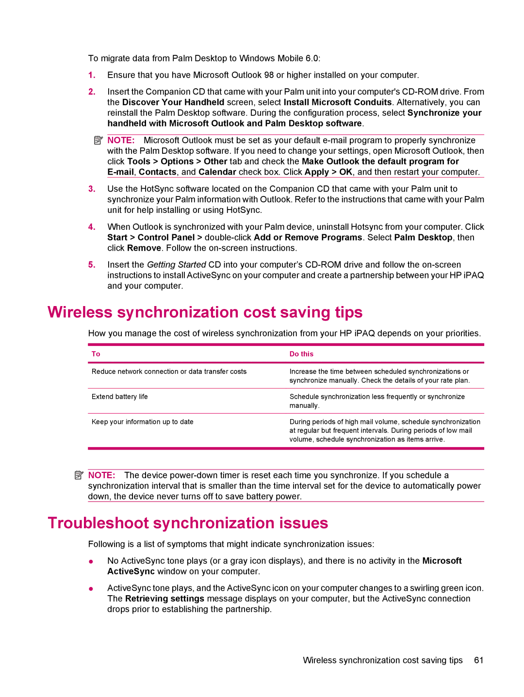 HP 200 manual Wireless synchronization cost saving tips, Troubleshoot synchronization issues 