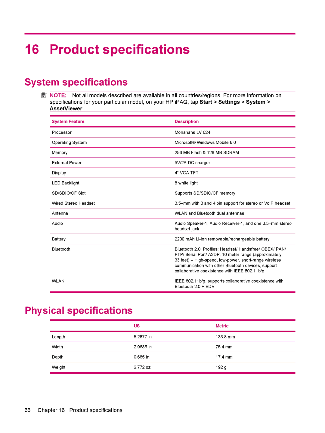 HP 200 manual Product specifications, System specifications, Physical specifications 