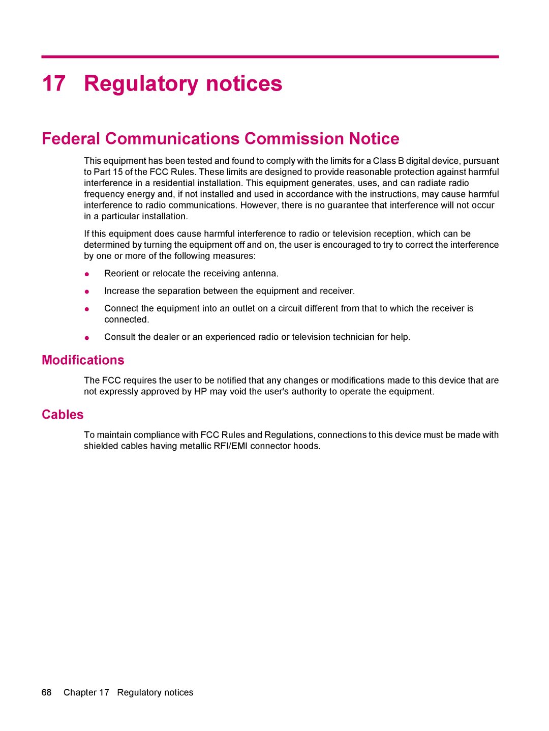 HP 200 manual Regulatory notices, Federal Communications Commission Notice, Modifications, Cables 