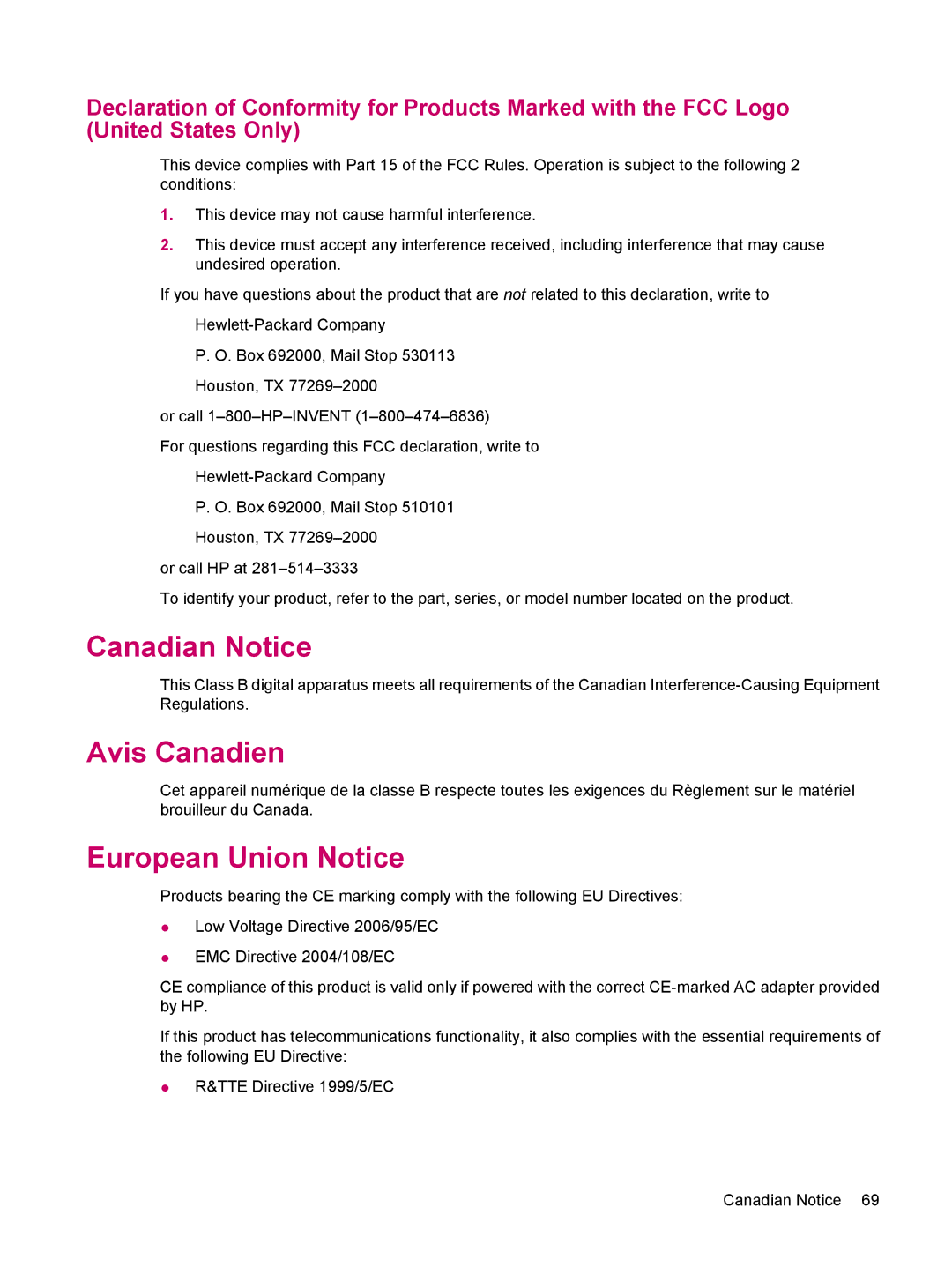 HP 200 manual Canadian Notice, Avis Canadien, European Union Notice 