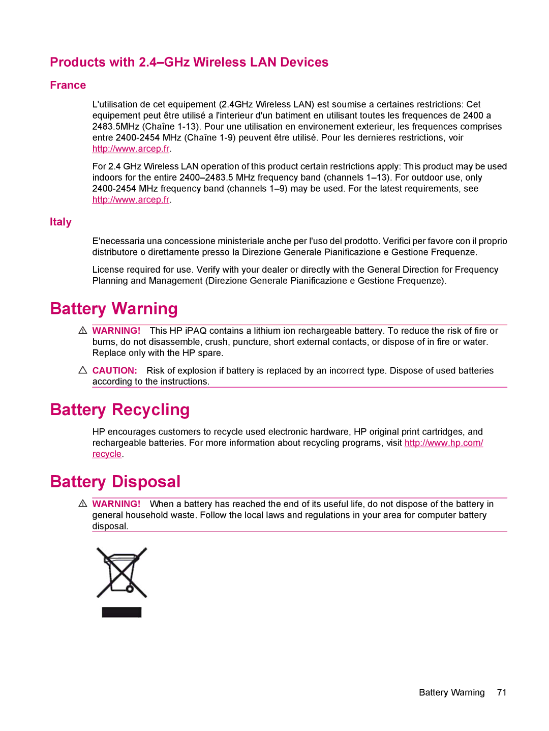 HP 200 manual Battery Warning Battery Recycling Battery Disposal, Products with 2.4-GHz Wireless LAN Devices 