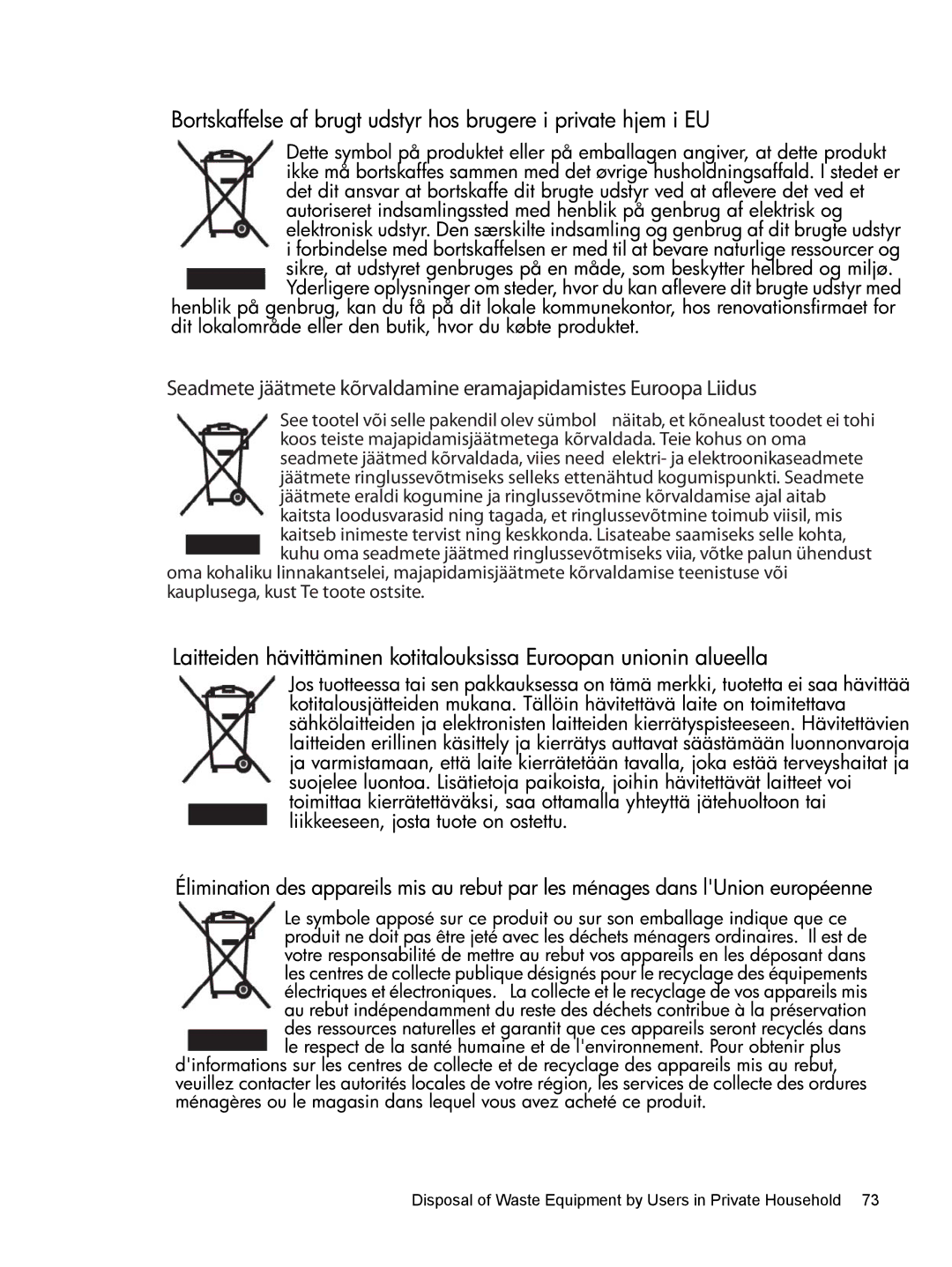 HP 200 manual Disposal of Waste Equipment by Users in Private Household 