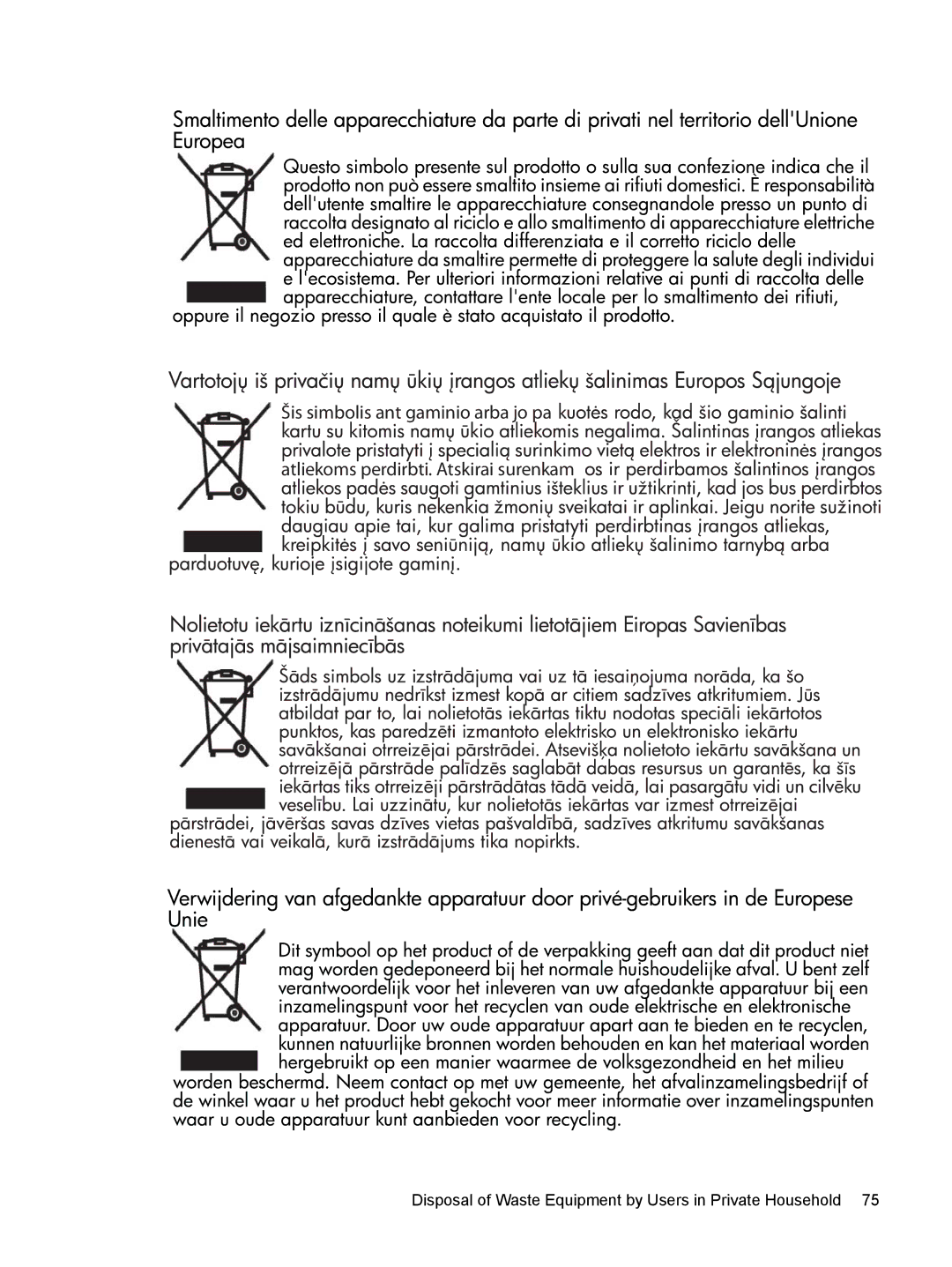 HP 200 manual Disposal of Waste Equipment by Users in Private Household 