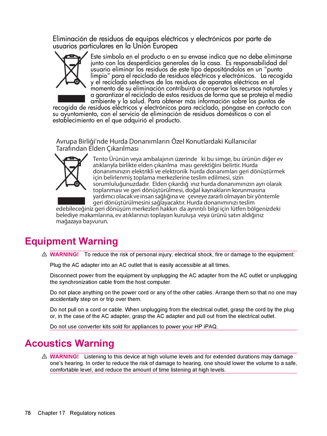 HP 200 manual Equipment Warning, Acoustics Warning 