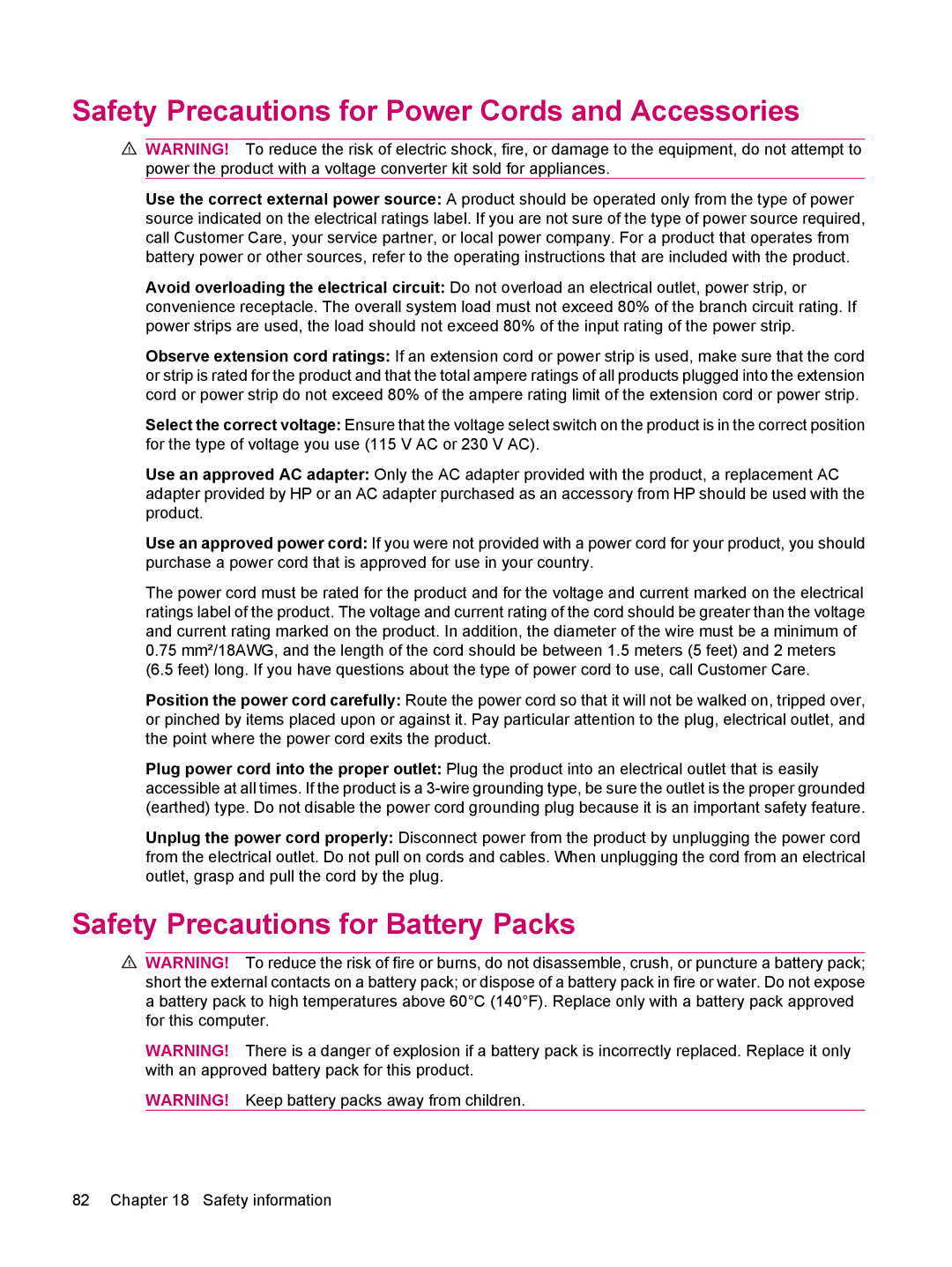 HP 200 manual Safety Precautions for Power Cords and Accessories, Safety Precautions for Battery Packs 