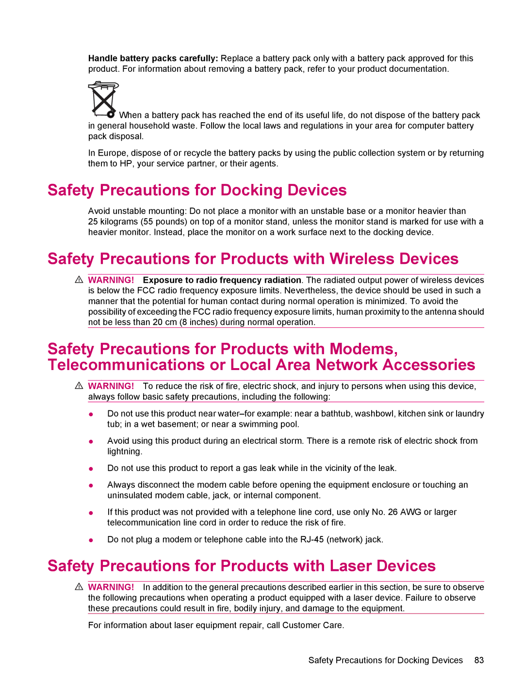 HP 200 manual Safety Precautions for Docking Devices, Safety Precautions for Products with Laser Devices 